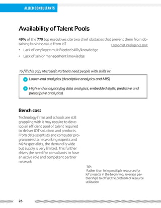 26
Allied Consultants
Availability of Talent Pools
Bench cost
49% of the 779 top executives cite two chief obstacles that prevent them from ob-
taining business value from IoT Economist Intelligence Unit
Technology firms and schools are still
grappling with it may require to deve-
lop an efficient pool of talent required
to deliver IOT solutions and products.
From data scientists and computer pro-
grammers to networking experts and
M2M specialists, the demand is wide
but supply is very limited. This further
drives the need for consultants to have
an active role and competent partner
network
•	 Lack of employee multifaceted skills/knowledge
•	 Lack of senior management knowledge
To fill this gap, Microsoft Partners need people with skills in:
Lower-end analytics (descriptive analytics and MIS)
High end analytics (big data analytics, embedded skills, predictive and
prescriptive analytics)
Tip:
Rather than hiring multiple resources for
IoT projects in the beginning, leverage par-
tnerships to offset the problem of resource
utilization
 