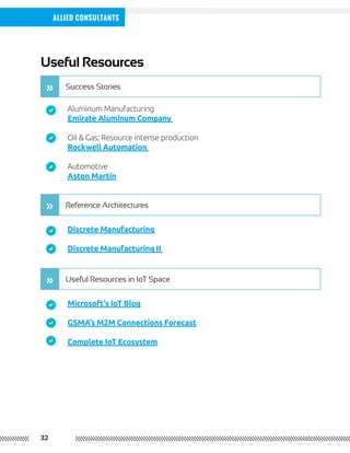 32
Allied Consultants
Useful Resources
Success Stories
Reference Architectures
Useful Resources in IoT Space
«
«
«
Aluminum Manufacturing
Emirate Aluminum Company
Oil & Gas; Resource intense production
Rockwell Automation
Automotive
Aston Martin
Discrete Manufacturing
Discrete Manufacturing II
Microsoft’s IoT Blog
GSMA’s M2M Connections Forecast
Complete IoT Ecosystem
 