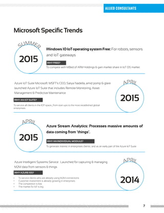 7
Allied Consultants
Windows 10 IoT operating system Free: For robots, sensors
and IoT gateways
To compete with MBed of ARM Holdings & gain market share in IoT OS market
Azure Stream Analytics: Processes massive amounts of
data coming from ‘things’.
Microsoft Specific Trends
summer
April
April
April
2015
2015
2015
2014
Why Free?
Why an individual module?
Why an IoT suite?
Why Azure ISS?
To service all clients in the IOT space_from start-ups to the most established global
enterprises
•	 To service clients who are already using M2M connections
•	 Customer investment is already growing in enterprises
•	 The competition is low
•	 The market for IoT is big
Azure IoT Suite Microsoft: MSFT’s CEO, Satya Nadella, amid pomp & glare
launched Azure IoT Suite that includes Remote Monitoring, Asset
Management & Predictive Maintenance
Azure Intelligent Systems Service : Launched for capturing & managing
M2M data from sensors & things
To generate interest in enterprises clients; and as an early part of the Azure IoT Suite
 