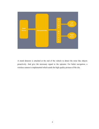 4	
A metal detector is attached at the end of the vehicle to detect the mine like objects
proactively. And give the necessary signal to the operator. For better navigation, a
wireless camera is implemented which sends the high quality pictures of the site.
 