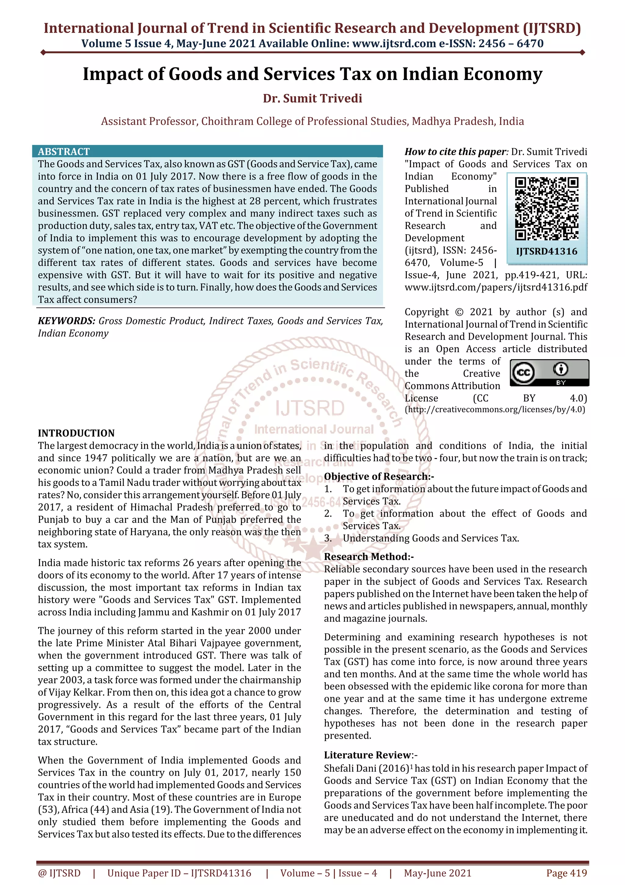 Impact of Goods and Services Tax on Indian Economy | PDF