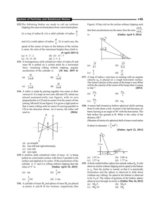 System of Particles and Rotational Motion P-91
132.The following bodies are made to roll up (without
slipping) the same inclined plane from a horizontal plane:
(i) a ring of radius R, (ii) a solid cylinder of radius
2
R
and (iii) a solid sphere of radius
4
R
. If, in each case, the
speed of the center of mass at the bottom of the incline
is same, the ratio of the maximum heights they climb is:
[9 April 2019 I]
(a) 4 : 3 : 2 (b) 10 : 15 : 7
(c) 14:15:20 (d) 2 : 3 : 4
133. A homogeneous solid cylindrical roller of radius R and
mass M is pulled on a cricket pitch by a horizontal
force. Assuming rolling without slipping, angular
acceleration of the cylinder is: [10 Jan. 2019 I]
(a)
3F
2mR
(b)
F
3mR
(c)
F
2mR
(d)
2F
3mR
134. A roller is made by joining together two cones at their
vertices O. It is kept on two rails AB and CD, which are
placed asymmetrically (see figure), with its axis
perpendicular to CD and its centre O at the centre of line
joining AB and Cd (see figure). It is given a light push so
that it starts rolling with its centre O moving parallel to
CD in the direction shown. As it moves, the roller will
tend to: [2016]
B
A
D
C
O
(a) go straight.
(b) turn left and right alternately.
(c) turn left.
(d) turn right.
135.A uniform solid cylindrical roller of mass ‘m’ is being
pulled on a horizontal surface with force F parallel to the
surface and applied at its centre. If the acceleration of the
cylinder is ‘a’ and it is rolling without slipping then the
value of ‘F’ is: [Online April 10, 2015]
(a) ma (b)
5
ma
3
(c)
3
ma
2
(d) 2 ma
136. A cylinder of mass Mc and sphere of mass Ms are placed
at points A and B of two inclines, respectively (See
Figure). If they roll on the incline without slipping such
that their accelerations are the same, then the ratio
sin
sin
c
s
q
q
is: [Online April 9, 2014]
A
B
M
S
MC
qS
qC
C
D
(a)
8
7
(b)
15
14
(c)
8
7
(d)
15
14
137. A loop of radius r and mass m rotating with an angular
velocity w0 is placed on a rough horizontal surface.
The initial velocityof the centre of the hoop is zero.What
will be thevelocityofthe centre ofthe hoop when it ceases
to slip ? [2013]
(a) 0
r
4
w
(b) 0
r
3
w
(c) 0
r
2
w
(d) rw0
138. A tennis ball (treated as hollow spherical shell) starting
from O rolls down a hill. At point A the ball becomes air
borne leaving at an angle of 30° with the horizontal. The
ball strikes the ground at B. What is the value of the
distance AB ?
(Moment ofinertia ofa spherical shell ofmass mandradius
R about its diameter 2
2
)
3
= mR
[Online April 22, 2013]
O
0.2 m A
30°
B
2.0 m
(a) 1.87 m (b) 2.08 m
(c) 1.57 m (d) 1.77 m
139. A thick-walled hollowsphere has outside radius R0. It rolls
down an inclinewithout slippingand itsspeed at thebottom
is v0. Now the incline is waxed, so that it is practically
frictionless and the sphere is observed to slide down
(without any rolling). Its speed at the bottom is observed
to be 5v0/4. The radius of gyration of the hollow sphere
about an axis through its centre is [Online May 26, 2012]
(a) 3R0/2 (b) 3R0/4
(c) 9R0/16 (d) 3R0
 