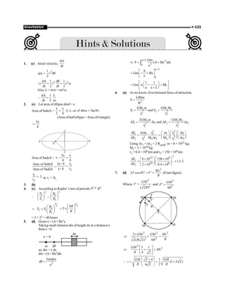 P-121
Gravitation
1. (c) Areal velocity;
dA
dt
dA =
2
1
r d
2
q
2
dA 1 d
r
dt 2 dt
q
Þ = =
2
1
r
2
w
Also, L= mvr = mr2
w
dA 1 L
dt 2 m
 =
2. (c) Let area of ellipse abcd = x
Area of SabcS =
x x
(i.e.,ar of abca SacS)
2 4
+ +
(Area of halfellipse +Area of triangle)
3x
4
=
a
b
c
d
S
Area of SadcS =
3x x
x
4 4
- =
Area of SabcS
Area of SadcS
=
1
2
t
3x / 4
x / 4 t
=
1
2
t
3
t
= or, t1
= 3t2
3. (b)
4. (c) According to Kepler’s law of periods T2 µ R3

2
2
1
T
T
æ ö
ç ÷
è ø
=
3
2
1
R
R
æ ö
ç ÷
è ø
Þ
3
2
2
2 1
1
R
T T
R
æ ö
= ç ÷
è ø
3
2
4
5
R
R
é ù
= ´ ê ú
ë û
= 5 × 23 = 40 hours
5. (d) Given l=(A+Bx2),
Taking small element dm oflength dx at a distance x
fromx=0
x = 0
m dF
dx
so, dm = l dx
dm= (A +Bx2)dx
2
Gmdm
dF
x
=
Þ
a L 2
2
a
Gm
F (A Bx )dx
x
+
= +
ò
a L
a
A
Gm Bx
x
+
é ù
= - +
ê ú
ë û
1 1
Gm A BL
a a L
é ù
æ ö
= - +
ç ÷
ê ú
è ø
+
ë û
6. (a) As we know, Gravitational force of attraction,
2
GMm
F
R
=
e e s
1 2
2 2
1 2
GM m GM M
F and F
r r
= =
e e s
1 1 2 2
3 3
1 2
2GM m GM M
F r and F r
r r
D = D D = D
3 3
1 1 2 2 1
3 3
2 s 2 s 2
1 1
F m r r r r
m
F M r M r
r r
æ ö
æ ö æ ö
D D D
= = ç ÷ ç ÷
ç ÷
D D D
è ø
è ø è ø
Using Dr1 = Dr2 = 2 Rearth; m = 8 × 1022 kg;
Ms = 2 × 1030 kg
r1 = 0.4 × 106 km and r2 = 150 ×106 km
3
22 6
1
30 6
2
F 8 10 150 10
1 2
F 2 10 0.4 10
æ ö æ ö
D ´ ´
= ´ @
ç ÷ ç ÷
D ´ ´
è ø è ø
7. (d)
2
2 cos45
Mv
F F
R
¢
° + = (From figure)
Where
2
2
( 2 )
=
GM
F
R
and
2
2
4
GM
F
R
¢ =
o
M M
M
M
F'
R
F
F
2 2 2
2 2
2
2( 2) 4
´
Þ + =
GM GM Mv
R
R R
2
2
1 1
4 2
é ù
Þ + =
ê ú
ë û
GM
Mv
R
2 4 1
(1 2 2)
2
4 2
GM GM
v
R R
æ ö
+
 = = +
ç ÷
ç ÷
è ø
 