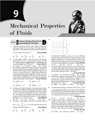 Mechanical Properties of Fluids P-139
TOPIC 1
Pressure, Density, Pascal'sLaw
andArchimedes'Principle
1. A hollow spherical shell at outer radius R floats just
submerged under the water surface. The inner radius of
the shell is r. If the specific gravity of the shell material is
27
8
w.r.t water, the value of r is : [5Sep. 2020 (I)]
(a)
8
9
R (b)
4
9
R (c)
2
3
R (d)
1
3
R
2. An air bubble of radius 1 cm in water has an upward
acceleration 9.8 cm s–2. The density of water is 1 gm
cm–3 andwateroffersnegligibledrag forceonthe bubble.The
massofthebubble is (g= 980 cm/s2) [4 Sep. 2020 (I)]
(a) 4.51gm (b) 3.15gm (c) 4.15gm (d) 1.52gm
3. Two identical cylindrical vessels are kept on the ground
and each contain the same liquid of density d. The area of
the base of both vessels is S but the height of liquid in one
vessel is x1 and in the other, x2. When both cylinders are
connected through a pipe of negligible volume very close
to the bottom, the liquid flows from one vessel to the other
until it comes toequilibrium at a newheight. The change in
energyof the system in the process is : [4 Sep. 2020 (II)]
(a) 2 2
2 1
( )
gdS x x
+ (b) 2
2 1
( )
gdS x x
+
(c) 2
2 1
3
( )
4
gdS x x
- (d) 2
2 1
1
( )
4
gdS x x
-
4. A leak proof cylinder of length 1 m, made of a metal which
has verylow coefficient of expansion is floating vertically
in water at 0°C such that its height above the water surface
is 20 cm. When the temperature of water is increased to
4°C, the height of the cylinder above the water surface
becomes 21 cm. Thedensityof water at T = 4°C, relativeto
the density at T = 0°C is close to: [8Jan2020(I)]
(a) 1.26 (b) 1.04 (c) 1.01 (d) 1.03
5. Consider a solid sphere of radius R and mass density
r(r) = r0
2
2
1
r
R
æ ö
-
ç ÷
è ø
, 0  r £ R. The minimum density of a
liquid in which it will float is: [8Jan2020(I)]
(a)
0
3
r
(b)
0
5
r
(c)
0
2
5
r
(d)
0
2
3
r
6.
O
M
N
5 m
5 m
Two liquids of densities r1
and r2
(r2
= 2r1
) are filled up
behind a square wall of side 10 m as shown in figure. Each
liquidhas a height of5 m. The ratio oftheforces due tothese
liquidsexerted on upper part MN tothat at thelower part NO
is(Assumethattheliquidsarenotmixing): [8 Jan 2020 (II)]
(a) 1/3 (b) 2/3 (c) 1/2 (d) 1/4
7. A cubical block of side 0.5 m floats on water with 30% of
its volume under water. What is the maximum weight that
can be put on the block without fully submerging it under
water? [Take, densityof water = 103
kg/m3
]
[10April 2019 (II)]
(a) 46.3kg (b) 87.5kg (c) 65.4kg (d) 30.1kg
8. A submarine experiences a pressure of5.05×106
Pa at depth
of d1
in a sea. When it goes further to a depth of d2
, it
experiences a pressure of 8.08×106
Pa. Then d1
– d1
is
approximately(densityofwater=103
kg/m3
and acceleration
due to gravity = 10 ms–2
): [10 April 2019 (II)]
(a) 300m (b) 400m (c) 600m (d) 500m
9. A wooden block floating in a bucket of water has
4
5
of its
volume submerged. When certain amount of an oil poured
into the bucket, it is found that the block is just under the
oil surface with half of its volume under water and half in
oil. The density of oil relative to that of water is:
[9April 2019 (II)]
(a) 0.5 (b) 0.8 (c) 0.6 (c) 0.7
10. A load of mass M kg is suspended from a steel wire of
length 2 m and radius 1.0 mm in Searle’s apparatus
experiment. The increase in length produced in the wire is
4.0mm. Nowtheload isfullyimmersed in a liquid ofrelative
density2. The relative densityof the material of load is 8.
The new value of increase in length of the steel wire is :
[12 Jan. 2019 (II)]
(a) 3.0mm (b) 4.0mm (c) 5.0mm (d) Zero
Mechanical Properties
of Fluids
9
 