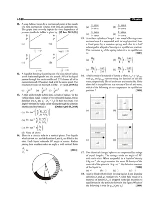 P-140 Physics
11. A soap bubble, blown by a mechanical pump at the mouth
of a tube, increases in volume, with time, at a constant rate.
The graph that correctly depicts the time dependence of
pressure inside the bubble is given by: [12 Jan. 2019 (II)]
(a)
P
t
1
(b)
P
log(t)
(c)
P
t
(d)
P
t3
1
12. A liquid of densityr is coming out of a hose pipe of radius
a with horizontal speed vand hits a mesh. 50% of theliquid
passes through the mesh unaffected. 25% looses all of its
momentum and 25% comes back with the same speed. The
resultant pressure on the mesh will be: [11 Jan. 2019 (I)]
(a)
2
1
ρv
4
(b)
2
3
ρv
4
(c)
2
1
ρv
2
(d) 2
ρv
13. A thin uniform tube is bent into a circle of radius r in the
verticalplane.Equal volumesoftwoimmiscibleliquids,whose
densities are r1 and r1 (r1  r2) fill half the circle. The
angleqbetweentheradiusvectorpassingthroughthecommon
interfaceandtheverticalis [OnlineApril 15, 2018]
(a)
1 1 2
1 2
tan
2
- é ù
æ ö
p r -r
q = ê ú
ç ÷
r +r
è ø
ë û
(b)
1 1 2
1 2
tan
2
- æ ö
p r -r
q = ç ÷
r +r
è ø
(c) 1 1
2
tan- æ ö
r
q = pç ÷
r
è ø
(d) None of above
14. There is a circular tube in a vertical plane. Two liquids
which do not mix and of densities d1 and d2 are filled in the
tube. Each liquid subtends 90º angle at centre. Radius
joiningtheir interface makes an angle a with vertical. Ratio
1
2
d
d
is: [2014]
d2
a
d1
(a)
1 sin
1 sin
+ a
- a
(b)
1 cos
1 cos
+ a
- a
(c)
1 tan
1 tan
+ a
- a
(d)
1 sin
1 cos
+ a
- a
15. A uniform cylinder of length L and mass M having cross-
sectional areaAis suspended, with its length vertical, from
a fixed point by a massless spring such that it is half
submerged in a liquid of density s at equilibrium position.
The extension x0 of the spring when it is in equilibrium
is: [2013]
(a)
Mg
k
(b)
Mg LA
1 –
k M
s
æ ö
ç ÷
è ø
(c)
Mg LA
1 –
k 2M
s
æ ö
ç ÷
è ø
(d)
Mg LA
1
k M
s
æ ö
+
ç ÷
è ø
16. Aball ismadeofa material of densityrwhereroil  r rwater
with roil and rwater represe-nting the densities of oil and
water, respectively. The oil and water are immiscible. If the
aboveball is in equilibrium in a mixture ofthisoil andwater,
which of the following pictures represents its equilibrium
position ? [2010]
(a)
water
oil
(b)
water
oil
(c)
water
oil
(d)
water
oil
17. Two identical charged spheres are suspended by strings
of equal lengths. The strings make an angle of 30°
with each other. When suspended in a liquid of density
0.8g cm–3, the angle remains the same. If density of the
material of the sphere is 1.6 g cm–3 , the dielectric constant
of the liquid is [2010]
(a) 4 (b) 3 (c) 2 (d) 1
18. A jar is filled with two non-mixing liquids 1 and 2 having
densities r1 and, r2 respectively. A solid ball, made of a
material of density r3 , is dropped in the jar. It comes to
equilibrium in the position shown in the figure.Which of
the following is true for r1, r2and r3? [2008]
 