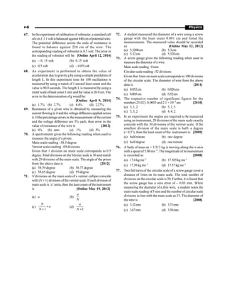 P-6 Physics
67. In theexperiment ofcalibration ofvoltmeter, a standard cell
ofe.m.f. 1.1voltisbalanced against 440cmofpotentialwire.
The potential difference across the ends of resistance is
found to balance against 220 cm of the wire. The
corresponding reading ofvoltmeter is 0.5 volt. Theerror in
the reading of volmeter will be: [Online April 12, 2014]
(a) – 0. 15 volt (b) 0.15 volt
(c) 0.5 volt (d) – 0.05 volt
68. An experiment is performed to obtain the value of
acceleration due togravityg byusing a simple pendulum of
length L. In this experiment time for 100 oscillations is
measured byusing a watch of 1 second least count and the
value is 90.0 seconds. The length L is measured byusing a
meter scaleofleastcount1mm andthevalueis 20.0cm.The
error in the determination ofg wouldbe:
[Online April 9, 2014]
(a) 1.7% (b) 2.7% (c) 4.4% (d) 2.27%
69. Resistance of a given wire is obtained by measuring the
current flowingin it andthevoltagedifferenceapplied across
it. Ifthepercentage errorsin themeasurement ofthecurrent
and the voltage difference are 3% each, then error in the
value of resistance of the wire is [2012]
(a) 6% (b) zero (c) 1% (d) 3%
70. A spectrometer gives the following reading when used to
measure the angle of a prism.
Main scale reading : 58.5 degree
Vernier scale reading : 09 divisions
Given that 1 division on main scale corresponds to 0.5
degree. Total divisions on theVernier scale is30 and match
with 29 divisions of the main scale. The angle of the prism
from the above data is [2012]
(a) 58.59 degree (b) 58.77 degree
(c) 58.65 degree (d) 59 degree
71. N divisions on the main scale of a vernier calliper coincide
with (N+1) divisions ofthevernier scale. Ifeach division of
main scale is ‘a’units, then theleast count of theinstrument
is [Online May 19, 2012]
(a) a (b)
a
N
(c)
1
N
a
N
´
+
(d)
1
a
N +
72. A student measured the diameter of a wire using a screw
gauge with the least count 0.001 cm and listed the
measurements. The measured value should be recorded
as [Online May 12, 2012]
(a) 5.3200cm (b) 5.3cm
(c) 5.32cm (d) 5.320cm
73. A screw gauge gives the following reading when used to
measurethediameter ofa wire.
Main scalereading :0mm
Circular scalereading : 52 divisions
Given that 1mm on main scalecorresponds to100 divisions
of the circular scale. The diameter of wire from the above
data is [2011]
(a) 0.052cm (b) 0.026cm
(c) 0.005cm (d) 0.52cm
74. The respective number of significant figures for the
numbers23.023, 0.0003 and 2.1 × 10–3 are [2010]
(a) 5,1, 2 (b) 5,1, 5
(c) 5,5, 2 (d) 4,4, 2
75. In an experiment the angles are required to be measured
using an instrument, 29 divisions ofthe main scale exactly
coincide with the 30 divisions of the vernier scale. If the
smallest division of the main scale is half- a degree
(= 0.5°), then the least count ofthe instrument is: [2009]
(a) halfminute (b) one degree
(c) halfdegree (d) oneminute
76. A body of mass m = 3.513 kg is moving along the x-axis
with a speed of5.00ms–1. The magnitude ofits momentum
is recorded as [2008]
(a) 17.6kgms–1 (b) 17.565kgms–1
(c) 17.56kg ms–1 (d) 17.57kg ms–1
77. Twofull turns of the circular scale of a screw gauge cover a
distance of 1mm on its main scale. The total number of
divisions on the circular scale is 50. Further, it is found that
the screw gauge has a zero error of – 0.03 mm. While
measuring the diameter of a thin wire, a student notes the
main scale reading of3 mm and thenumber of circular scale
divisions in line with the main scale as 35. The diameter of
the wire is [2008]
(a) 3.32mm (b) 3.73mm
(c) 3.67mm (d) 3.38mm
 