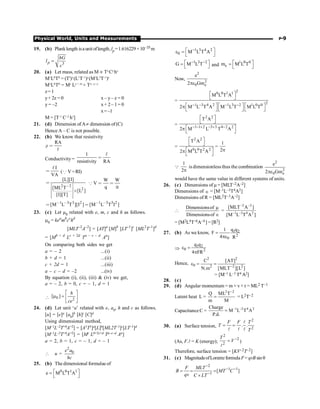 Physical World, Units and Measurements P-9
19. (b) Planklength isaunitoflength,lp=1.616229×10–35m
3
p
hG
l
c
=
20. (a) Let mass, related as M µ Tx
Cy
hz
M1
L0
T0
= (T')x
(L1
T–1
)y
(M1
L2
T–1
)z
M1
L0
T0
= Mz
Ly + 2z
+ Tx–y–z
z= 1
y+ 2z = 0 x – y– z = 0
y = –2 x+ 2– 1 = 0
x=–1
M = [T–1
C–2
h1
]
21. (d) Dimension of A¹ dimension of(C)
Hence A – C is not possible.
22. (b) We know that resistivity
RA
l
θ 
Conductivity =
1
resistivity RA

l
I
VA

l
(Q V=RI)
2 2
2
[L][I]
[ML T
[L ]
[I][T]
,

é ù
ê ú´
ê ú
ê ú
ë û
W W
V
q it
 
Q
1 3 3 2 1 3 3 2
[M L T ][I ] [M L T I ]
, , , ,
 
23. (c) Let µ0 related with e, m, c and h as follows.
m0 = kea
mb
cc
hd
[MLT–2
A–2
] = [AT]a
[M]b
[LT–1
]c
[ML2
T–1
]d
= [Mb + d
Lc + 2d
Ta – c – d
Aa
]
On comparing both sides we get
a = – 2 ...(i)
b + d = 1 ...(ii)
c + 2d = 1 ...(iii)
a – c – d = –2 ...(iv)
By equation (i), (ii), (iii)  (iv) we get,
a = – 2, b = 0, c = – 1, d = 1
 0 2
[ ]
é ù
m = ê ú
ë û
h
ce
24. (d) Let unit ‘u’ related with e, a0
, h and c as follows.
[u] = [e]a [a0
]b [h]c [C]d
Using dimensional method,
[M–1L–2T+4A+2] = [A1T1]a[L]b[ML2T–1]c[LT–1]d
[M–1L–2T+4A+2] = [Mc Lb+2c+d Ta–c–d Aa]
a = 2, b = 1, c = – 1, d = – 1
 u =
2
0
e a
hc
25. (b) The dimensional formulae of
0 0 1 1
e M L T A
é ù
=
ë û
1 3 4 2
0 M L T A
-
é ù
e =
ë û
1 3 2
G M L T
- -
é ù
=
ë û and
1 0 0
e
m M L T
é ù
=
ë û
Now,
2
2
0 e
e
2 Gm
pe
=
2
0 0 1 1
2
1 3 4 2 1 3 2 1 0 0
M L T A
2 M L T A M L T M L T
- - - -
é ù
ë û
é ù é ù é ù
p
ë û ë û ë û
=
2 2
1 1 2 3 3 4 2 2
T A
2 M L T A
- - + - + -
é ù
ë û
é ù
p
ë û
=
2 2
0 0 2 2
T A
2 M L T A
é ù
ë û
é ù
p
ë û
=
1
2p
Q
1
2p
is dimensionless thus the combination
2
2
0 e
e
2 Gm
pe
would have the same value in different systems of units.
26. (c) Dimensions of m = [MLT–2A–2]
Dimensions of Î = [M–1L–3T4A2]
Dimensions of R = [ML2T–3A–2]

Dimensionsof
Dimensionsof
m
Î
=
2 2
1 3 4 2
[MLT A ]
[M L T A ]
- -
- -
= [M2L4T–6A–4 ] = [R2]
27. (b) As we know, 1 2
2
0
1 q q
F
4 R
=
pe
Þ
1 2
0 2
q q
4 FR
e =
p
Hence,
2 2
0 2 2 2
C [AT]
N.m [MLT ][L ]
-
e = =
= [M–1 L–3 T4 A2]
28. (c)
29. (d) Angular momentum = m × v× r = ML2 T–1
Latent heat L =
2 2
Q ML T
m M
-
= = L2T–2
Capacitance C = 1 2 4 2
Charge
M L T A
P.d.
- -
=
30. (a) Surface tension,
2
2
. .
= =
l
l l l
F F T
T
T
(As, F.l = K (energy);
2
2
2
-
=
l
T
V )
Therefore, surface tension = [KV–2T–2]
31. (c) MagnitudeofLorentzformula F= qvB sin q
2
1 1
1
[ ]
F MLT
B MT C
qv C LT
-
- -
-
= = =
´
 