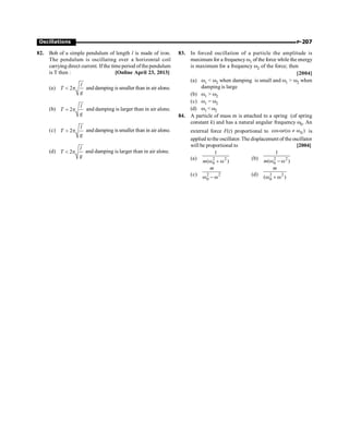 P-207
Oscillations
82. Bob of a simple pendulum of length l is made of iron.
The pendulum is oscillating over a horizontal coil
carrying direct current. If the time period ofthe pendulum
is T then : [Online April 23, 2013]
(a) 2
 p
l
T
g
and damping is smaller than in air alone.
(b) 2
= p
l
T
g
and damping is larger than in air alone.
(c) 2
 p
l
T
g
and damping is smaller than in air alone.
(d) 2
 p
l
T
g
and damping is larger than in air alone.
83. In forced oscillation of a particle the amplitude is
maximum for a frequency w1 of the force while the energy
is maximum for a frequency w2 of the force; then
[2004]
(a) w1  w2 when damping is small and w1  w2 when
damping is large
(b) w1  w2
(c) w1 = w2
(d) w1  w2
84. A particle of mass m is attached to a spring (of spring
constant k) and has a natural angular frequency w0. An
external force F(t) proportional to 0
cos ( )
w w ¹ w
t is
applied tothe oscillator. The displacement of the oscillator
will be proportional to [2004]
(a) 2 2
0
1
( )
w + w
m
(b) 2 2
0
1
( )
w - w
m
(c) 2 2
0
w - w
m
(d) 2 2
0
( )
w + w
m
 