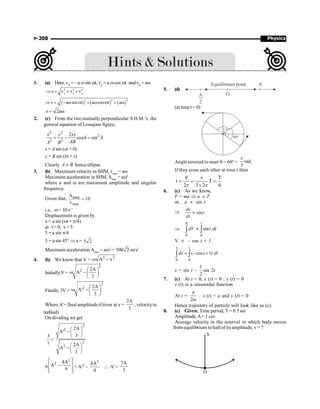 Physics
P-208
1. (a) Here, vx = – a w sin wt, vy = a wcos wt and vz = aw
2 2 2
x y z
v v v v
Þ = + +
( ) ( ) ( )
2 2 2
v –a sin t a cos t a
Þ = w w + w w + w
v 2a
= w
2. (c) From the two mutually perpendicular S.H.M.’s, the
general equation of Lissajous figure,
2 2
2
2 2
2
cos sin
x y xy
AB
A B
+ - d = d
x = A sin (at + d)
y = B sin (bt + r)
Clearly A B
¹ hence ellipse.
3. (b) Maximum velocityin SHM, vmax
= aw
Maximum acceleration in SHM, Amax
= aw2
where a and w are maximum amplitude and angular
frequency.
Given that, max
max
A
10
v
=
i.e., w= 10 s–1
Displacement is given by
x = a sin (wt + p/4)
at t = 0, x = 5
5 = a sin p/4
5 = a sin 45° Þ a = 5 2
Maximum acceleration Amax
= aw2
= 500 2 m/s2
4. (b) We know that V =
2 2
A x
w -
InitiallyV =
2
2 2A
A
3
æ ö
w -ç ÷
è ø
Finally 3V =
2
2 2A
A'
3
æ ö
w -ç ÷
è ø
Where A'= final amplitude (Given at x =
2A
3
, velocityto
trebled)
On dividing we get
3
1
=
2
2
2
2
2A
A'
3
2A
A
3
æ ö
-ç ÷
è ø
æ ö
-ç ÷
è ø
9
2
2 4A
A
9
é ù
-
ê ú
ê ú
ë û
= A'2 –
2
4A
9
 A' =
7A
3
5. (d)
O
A
A
2
Equilibrium point
(at time t = 0)
60°
120°
Angle covered to meet q = 60° = rad.
3
p
If they cross each other at time t then
T
t T
2 3 2 6
q p
p p
  
≥
6. (c) As we know,
F = ma Þ a µ F
or, a µ sin t
Þ sin
dv
t
dt
µ
Þ
0
0 0
sin
t
dV t dt
µ
ò ò
V µ – cos t + 1
0 0
( cos 1)
x t
dx t dt
= - +
ò ò
x = sin t –
1
2
sin 2t
7. (c) At t = 0, x (t) = 0 ; y (t) = 0
x (t) is a sinusoidal function
At t =
2
p
w
; x (t) = a and y (t) = 0
Hence trajectory of particle will look like as (c).
8. (c) Given: Time period, T = 0.5 sec
Amplitude,A= 1 cm
Average velocity in the interval in which body moves
from equilibrium to half ofits amplitude, v= ?
S
O
 