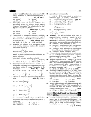 P-223
Waves
reaches a mark 27 cm below the reference mark. The
velocity of sound in air, obtained in the experiment, is
close to: [12 Jan. 2019 II]
(a) 322 ms–1 (b) 341 ms–1
(c) 335 ms–1 (d) 328 ms–1
53. A tuning fork vibrates with frequency 256 Hz and gives
one beat per second with the third normal mode of
vibration of an open pipe. What is the length of the pipe?
(Speed of sound of air is 340 ms–1)
[Online April 15, 2018]
(a) 190 cm (b) 180 cm
(c) 220 cm (d) 200 cm
54. 5 beats/ second are heard when a turning fork is sounded
with a sonometer wire under tension, when the length of
the sonometer wire is either 0.95m or 1m . The frequency
of the fork will be: [Online April 15, 2018]
(a) 195Hz (b) 251Hz (c) 150Hz (d) 300Hz
55. A standing wave is formed by the superposition of two
waves travelling in opposite directions. The transverse
displacement is given by
y(x, t) = 0.5 sin
5
4
x
p
æ ö
ç ÷
è ø
cos(200 pt).
What is the speed of the travelling wave moving in the
positive x direction ?
(x and t are in meter and second, respectively.)
[Online April 9, 2017]
(a) 160m/s (b) 90m/s (c) 180m/s(d) 120m/s
56. A wave represented by the equation y1 = acos (kx – wt) is
superimposed with another wavetoform a stationarywave
such that the point x – 0 is node. The equation for the
other wave is [Online May 12, 2012]
(a) a cos (kx – wt + p) (b) a cos (kx + wt + p)
(c) cos
2
p
æ ö
+ w +
ç ÷
è ø
a kx t (d) cos
2
p
æ ö
- w +
ç ÷
è ø
a kx t
57. Following are expressions for four plane simple harmonic
waves [Online May 7, 2012]
(i) 1 1
1
cos2
æ ö
= p +
ç ÷
l
è ø
x
y A n t
(ii) 2 1
1
cos2
æ ö
= p + + p
ç ÷
l
è ø
x
y A n t
(iii) 3 2
2
cos2
æ ö
= p +
ç ÷
l
è ø
x
y A n t
(iv) 4 2
2
cos2
æ ö
= p -
ç ÷
l
è ø
x
y A n t
The pairs of waves which will produce destructive
interference and stationary waves respectively in a
medium, are
(a) (iii, iv), (i, ii) (b) (i, iii), (ii, iv)
(c) (i, iv), (ii, iii) (d) (i, ii), (iii, iv)
58. A travelling wave represented by
y = A sin (wt – kx) is superimposed on another wave
represented by y = A sin (wt + kx). The resultant is
(a) A wave travelling along + x direction [2011 RS]
(b) A wave travelling along – x direction
(c) A standing wave having nodes at
, 0,1,2....
2
n
x n
l
= =
(d) A standing wave having nodes at
1
; 0,1,2....
2 2
x n n
l
æ ö
= + =
ç ÷
è ø
59. Statement - 1 : Two longitudinal waves given by
equations : y1
(x, t) = 2a sin (wt – kx) and y2
(x, t) = a
sin (2 2 )
t kx
w - will have equal intensity.
. [2011 RS]
Statement - 2 : Intensity of waves of given frequency in
same medium is proportional to square of amplitude only.
(a) Statement-1 is true, statement-2 is false.
(b) Statement-1 is true, statement-2 is true, statement-
2 is the correct explanation of statement-1
(c) Statement-1 is true, statement-2 is true, statement-
2 is not the correct explanation of statement-1
(d) Statement-1 is false, statement-2 is true.
60. Three sound waves of equal amplitudes have frequencies
(n–1), n, (n + 1). Theysuperposetogive beats. The number
of beats produced per second will be : [2009]
(a) 3 (b) 2 (c) 1 (d) 4
61. When two tuning forks (fork 1 and fork 2) are sounded
simultaneously, 4 beats per second are heard. Now, some
tape is attached on the prong of the fork 2. When the
tuning forks are sounded again, 6 beats per second are
heard. If the frequencyof fork 1 is 200 Hz, then what was
the original frequency of fork 2? [2005]
(a) 202Hz (b) 200Hz (c) 204Hz (d) 196Hz
62. A tuning fork of known frequency 256 Hz makes 5 beats
per second with the vibrating string of a piano. The beat
frequency decreases to 2 beats per second when the
tension in the piano string is slightly increased. The
frequencyof the pianostring before increasing the tension
was [2003]
(a) (256+2)Hz (b) (256 –2) Hz
(c) (256 –5) Hz (d) (256+5)Hz
63. A tuning fork arrangement (pair) produces 4 beats/sec with
one fork of frequency288 cps.Alittle wax is placed on the
unknown fork and it then produces 2 beats/sec. The
frequency of the unknown fork is [2002]
(a) 286 cps (b) 292 cps (c) 294 cps(d) 288 cps
TOPIC 4
Musical Sound and Doppler's
Effect
64. A sound source S is moving along a straight track with
speed v, and is emitting sound of frequency vo (see
figure). An observer is standing at a finite distance, at the
point O, from the track. The time variation of frequency
heard by the observer is best represented by:
[Sep. 06, 2020 (I)]
 