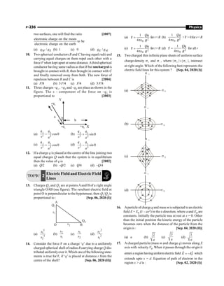 P-236 Physics
two surfaces, one will find the ratio [2007]
electronic charge on the moon
to be
electronic charge on the earth
(a) /
M E
g g (b) 1 (c) 0 (d) /
E M
g g
10. Two spherical conductors B and C having equal radii and
carrying equal charges on them repel each other with a
force F when kept apart at some distance.Athird spherical
conductor having same radius as that B but uncharged is
brought in contact with B, then brought in contact with C
and finally removed away from both. The new force of
repulsion between B and C is [2004]
(a) F/8 (b) 3F/4 (c) F/4 (d) 3F/8
11. Three charges –q1 , +q2 and –q3 are place as shown in the
figure. The x - component of the force on –q1 is
proportional to [2003]
a
b
X
+q2
q3
Y
q1
(a) 3
2
2 2
cos
b
q
q
a
- q (b) 3
2
2 2
sin
b
q
q
a
+ q
(c) 3
2
2 2
cos
b
q
q
a
+ q (d) 3
2
2 2
sin
b
q
q
a
- q
12. If a charge q is placed at the centre of the line joining two
equal charges Q such that the system is in equilibrium
then the value of q is [2002]
(a) Q/2 (b) –Q/2 (c) Q/4 (d) –Q/4
TOPIC 2 Electric Field and Electric Field
Lines
13. Charges Q1 and Q2 are at points A and B of a right angle
triangle OAB (see figure). The resultant electric field at
point O is perpendicular to the hypotenuse, then Q1/Q2 is
proportional to : [Sep. 06, 2020 (I)]
A
B
O
Q1
Q2
x1
x2
(a)
3
1
3
2
x
x
(b)
2
1
x
x
(c) 1
2
x
x
(d)
2
2
2
1
x
x
14. Consider the force F on a charge ‘q’ due to a uniformly
charged spherical shell of radius R carrying charge Q dis-
tributed uniformlyover it. Which oneof thefollowingstate-
ments is true for F, if ‘q’ is placed at distance r from the
centre of the shell? [Sep. 06, 2020 (II)]
(a)
2
0
1
F
4
Qq
R
=
pe
forrR (b) 2
0
1
4
Qq
R
pe
F 0for rR
(c)
2
0
1
F
4
Qq
R
=
pe
forrR (d)
2
0
1
F
4
Qq
R
=
pe
for all r
15. Two charged thin infinite plane sheets of uniform surface
charge density +
s and – ,
s where –
| | | |,
+
s  s intersect
at right angle. Which of the following best represents the
electric field lines for this system ? [Sep. 04, 2020 (I)]
(a) s
s –
+
(b) s
s –
+
(c) s
s –
+
(d) s
s –
+
16. A particle of charge qand mass missubjected toan electric
field E = E0 (1 – ax2) in the x-direction, where a and E0 are
constants. Initially the particle was at rest at x = 0. Other
than the initial position the kinetic energy of the particle
becomes zero when the distance of the particle from the
origin is : [Sep. 04, 2020 (II)]
(a) a (b)
2
a
(c)
3
a
(d)
1
a
17. A charged particle (mass m and charge q) moves along X
axis with velocityV0. When it passes through the origin it
entersa region havinguniformelectricfield ˆ
E Ej
= -
r
which
extends upto x = d. Equation of path of electron in the
region x  d is : [Sep. 02, 2020 (I)]
 