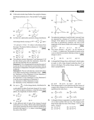 P-240 Physics
42. A thin semi-circular ring ofradius r has a positive charge q
distributed uniformly over it. The net field E
ur
at the centre
O is [2010]
O
j
i
(a) 2 2
0
ˆ
4
q
j
r
p e
(b) 2 2
0
ˆ
4
q
j
r
-
p e
(c) 2 2
0
ˆ
2
q
j
r
-
p e
(d) 2 2
0
ˆ
2
q
j
r
p e
43. Let there be a spherically symmetric charge distribution
with charge densityvarying as 0
5
( )
4
r
r
R
æ ö
= -
ç ÷
è ø
r r upto r
= R , and ( ) 0
r
r = for r  R , where r is the distance from
the origin. The electric field at a distance r(r  R) from the
origin is given by [2010]
(a)
0
0
5
4 3
r r
R
æ ö
-
ç ÷
è ø
e
r
(b)
0
0
4 5
3 3
r r
R
æ ö
-
ç ÷
è ø
e
pr
(c)
0
0
4ε 4
r r
R
5
æ ö
-
ç ÷
è ø
r
(d)
0
0
5
3ε 4
r r
R
æ ö
-
ç ÷
è ø
r
44. This question contains Statement-1 and Statement-2. Of
the four choices given after the statements, choose the
one that best describes the two statements.
Statement-1 : For a charged particle moving from point P
to point Q, the net work done by an electrostatic field on
the particle is independent of the path connecting point P
to point Q.
Statement-2 : The net work done bya conservative force
on an object moving along a closed loop is zero. [2009]
(a) Statement-1 is true, Statement-2 is true; Statement-2
is the correct explanation ofStatement-1.
(b) Statement-1 is true, Statement-2 is true; Statement-2
is not the correct explanation of Statement-1.
(c) Statement-1 is false, Statement-2 is true.
(d) Statement-1 is true, Statement-2 is false.
45. Let
4
( )
Q
r r
R
=
r
p
be the charge density distribution for
a solid sphere of radius R and total charge Q. For a point
‘P’ inside the sphere at distance r1 from the centre of the
sphere, the magnitude of electric field is : [2009]
(a) 2
0 1
4
Q
r
p Î
(b)
2
1
4
0
4
Qr
R
p Î
(c)
2
1
4
0
3
Qr
R
p Î
(d) 0
46. A thin spherical shell of radus R has charge Q spread
uniformlyover its surface. Which of the following graphs
most closelyrepresents the electric field E(r) produced by
the shell in the range 0 £ r ¥, where r isthe distance from
the centre of the shell? [2008]
(a)
E(r)
r
O R
(b)
E(r)
r
O R
(c)
E(r)
r
O R
(d)
E(r)
r
O R
47. Twospherical conductors A and B of radii 1 mm and 2 mm
are separated by a distance of 5 cm and are uniformly
charged. If the spheres are connected by a conducting
wire then in equilibrium condition, the ratio of the
magnitude of the electric fields at the surfaces of spheres
A and B is [2006]
(a) 4: 1 (b) 1: 2 (c) 2: 1 (d) 1: 4
48. Two point charges + 8q and – 2q are located at
x = 0 and x = L respectively. The location of a point on the
x axis at which the net electric field dueto these two point
charges is zero is [2005]
(a)
4
L
(b) 2L (c) 4 L (d) 8 L
49. A charged ball B hangs from a silk thread S, which makes
an angle q with a large charged conducting sheet P, as
shown in the figure. The surface charge density s ofthe
sheet is proportional to [2005]
q
S
B
P
(a) cot q (b) cos q (c) tan q (d) sin q
50. Four charges equal to -Q are placed at the four corners of
a square and a charge q is at its centre. If the system is in
equilibrium the value of q is [2004]
(a) (1 2 2)
2
Q
- + (b) (1 2 2)
4
Q
+
(c) (1 2 2)
4
Q
- + (d) (1 2 2)
2
Q
+
51. A charged oil drop issuspended in a uniform field of3×104
v/m so that it neither falls nor rises. The charge on the
drop will be (Take the mass of the charge = 9.9×10–15 kg
and g = 10 m/s2) [2004]
(a) 1.6×10–18 C (b) 3.2×10–18 C
(c) 3.3×10–18 C (d) 4.8×10–18 C
 