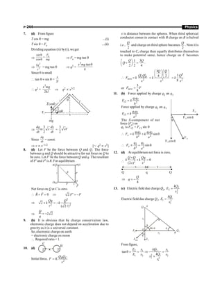 P-244 Physics
7. (d) From figure
T cos q = mg ....(i)
T sin q = Fe ....(ii)
Dividing equation (ii) by(i), we get
Þ
sin
cos
q
=
q
e
F
mg
Þ Fe = mg tan q
Þ
2
2
kq
x
= mg tan q Þ q2 =
2
tan
x mg
k
q
Since q is small
 tan q » sin q =
2
x
l
 q2 =
3
2
x mg
kl
Þ q2 µ x3/2
Tcosq
q Tsinq
l l
q
x
mg
Fe
T
Þ
3
2
dq dx
x
dt dt
a =
3
2
xV
Since
dq
dt
= const.
Þ v µ x–1/2 [Q q2 µ x3]
8. (d) Let F be the force between Q and Q. The force
between q and Q should be attractive for net force on Q to
be zero. Let F¢ be the force between Q and q. The resultant
of F¢ and F¢ is R. For equilibrium
A Q
( ) p q
( )
F¢
Q
l
D q
( )
F¢
R
F
C
Net force on Q at C is zero.
 0
+ =
r r
R F Þ 2 F F
¢ = -
Þ
2
2 2
2
( 2 )
´ = -
l l
Qq Q
k k
Þ 2 2
= -
Q
q
9. (b) It is obvious that by charge conservaiton law,
electronic charge does not depend on acceleration due to
gravity as it is a universal constant.
So, electronic charge on earth
= electronic charge on moon
 Required ratio = 1.
10. (d)
C
r r
B
×
Initial force, 2
B C
Q Q
F K
x
=
x is distance between the spheres. When third spherical
conductor comes in contact with B charge on B is halved
i.e.,
2
Q
and charge on third sphere becomes
2
Q
. Nowit is
touched to C, charge then equally distributes themselves
to make potential same, hence charge on C becomes
1 3
2 2 4
Q Q
Q
æ ö
+ =
ç ÷
è ø
.

2
C B
new
Q Q
F k
x
¢ ¢
= 2
3
4 2
Q Q
k
x
æ öæ ö
ç ÷ç ÷
è øè ø
=
2
2
3
8
Q
k
x
=
or
3
8
new
F F
=
11. (b) Force applied by charge q2 on q1
1 2
12 2
q q
F k
b
=
Force applied by charge q3 on q1
1 3
13 2
q q
F k
a
=
The X-component of net
force (Fx) on
q1 is F12 + F13 sin q
 1 2 1 2
2 2
sin
x
q q q q
F k k
b a
= + q
F sin
13
F12
F13
F cos
13 q
q
q
3
2
2 2
sin
x
q
q
F
b a
 µ + q
12. (d) At equilibrium net force is zero,
 2 2
0
(2 )
Q Q Qq
k k
x x
´
+ =
Q Q
q
x x
4
Q
q
Þ = -
13. (c) Electric field due charge Q2, 2
2 2
2
kQ
E
x
=
Electric field due charge Q1, 1
1 2
1
kQ
E
x
=
q
q
q
90–q
x1
x2
E2
E1
Enet
Q2
Q1
A
B
O
Fromfigure,
2 1 2 1
2 1
1 2 2
2 2
1
tan
E x kQ x
kQ
E x x
x
x
q = = Þ =
´
 