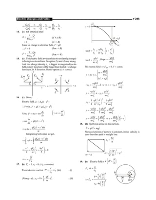 Electric Charges and Fields P-245
2
2 1 1 2 2
2
2 1 1
1 2
Q x x Q x
x Q x
Q x
Þ = Þ = or,
1 1
2 2
Q x
Q x
= .
14. (c) For spherical shell
2
0
1
4
Q
E
r
=
pe (if r R
³ )
= 0 (if r R)
Force on charge in electried field, F = qE
0
F
 = (For r  R)
2
0
1
4
Qq
F
r
=
pe (For r  R)
15. (c) The electric field produced due to uniformlycharged
infinite plane is uniform. Sooption (b) and (d) are wrong.
And +ve charge density s+ is bigger in magnitude so its
fieldalong Ydirection will bebigger than field of–vecharge
density s– in X direction. Hence option (c) is correct.
1
E
1
E R
E
R
E
2
E
2
E
1
+ s
E
E
E
E
+ s
– s
– s
16. (c) Given,
Electric field, 2
0 (1 )
E E x
= -
 Force, 2
0(1 )
F qE qE x
= = -
Also,
dv
F ma mv
dx
= =
dv
a v
dx
æ ö
=
ç ÷
è ø
Q
2
0(1 )
dv
mv qE x
dx
 = -
2
0 (1 )
qE x dx
vdv
m
-
Þ =
Integrating both sides we get,
2
0
0 0
(1 )
v x
qE x dx
vdv
m
-
Þ =
ò ò
2 3
0 9
0
2 3
æ ö
Þ = - =
ç ÷
ç ÷
è ø
qE
v x
x
m
3
x
a
Þ =
17. (b) Fx = 0, ax = 0, (v)x = constant
Time taken to reach at 0
0
' '
d
P t
v
= = (let) ...(i)
(Along – y), 2
0 0
1
0
2
qE
y t
m
= + × × ...(ii)
q
v0
vy
vx
vnet
y
t = 0
( , – )
d y0
P
0
0 0
tan ,
æ ö
q = = =
ç ÷
× è ø
y
x
v qEt d
t
v m v v
2
0
tan
qEd
m v
q =
×
, Slope 2
0
qEd
mv
-
=
No electric field net 0,
F v
Þ = =
r
const.
2
0
0
,
( , )
qEd
m
mv
y mx c
d y
ì ü
=
ï ï
= + í ý
ï ï
-
î þ
2
0 0
2 2
0 0
,
qEd qEd
y d c c y
mv mv
-
- = + Þ = - +
2
0
2 2
0 0
qEd qEd
y x y
mv mv
-
= - +
2 2
0 2
0 0
1 1
2 2
qE d qEd
y
m v mv
æ ö
= × =
ç ÷
è ø
2 2
2 2 2
0 0 0
1
2
qEdx qEd qEd
y
mv mv mv
-
= - +
2
2 2 2
0 0 0
1 qEd
2 2
mv
qEd qEd d
y y x
mv mv
- æ ö
= + Þ = -
ç ÷
è ø
18. (d) Net force acting on the particle,
ˆ ˆ
F qEi mgj
= +
r
Net acceleration of particle is constant, initial velocity is
zerotherefore path is straight line.
ay = g
2
x
E
a
m
=
2
2
2E
a g
m
æ ö
= +
ç ÷
è ø
19. (b) Electric field at A '
2
R
R
æ ö
=
ç ÷
è ø
0
.
A
q
E ds =
e
3
2
0
4
3 2
4
2
A
R
E
R
æ ö
r´ pç ÷
è ø
Þ =
æ ö
e × pç ÷
è ø
r
B A
3
2
R
R/2
 