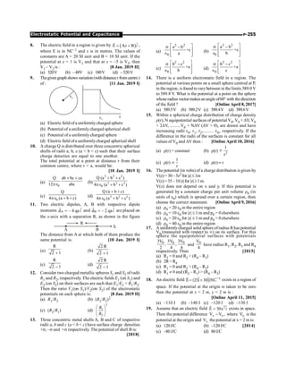 P-255
Electrostatic Potential and Capacitance
8. The electric field in a region is given by ( )ˆ
E A B
x i
= +
r
,
where E is in NC–1 and x is in metres. The values of
constants are A = 20 SI unit and B = 10 SI unit. If the
potential at x = 1 is V1 and that at x = –5 is V2, then
V1 – V2 is : [8 Jan. 2019 II]
(a) 320V (b) –48V (c) 180V (d) –520 V
9. Thegivengraphshowsvariation(withdistancer fromcentre)
of : [11 Jan. 2019 I]
rO
rO
r
(a) Electric field ofa uniformlycharged sphere
(b) Potential of a uniformlycharged spherical shell
(c) Potential of a uniformlycharged sphere
(d) Electric field ofa uniformlycharged spherical shell
10. A charge Q is distributed over three concentric spherical
shells of radii a, b, c (a  b  c) such that their surface
charge densities are equal to one another.
The total potential at a point at distance r from their
common centre, where r  a, would be:
[10 Jan. 2019 I]
(a)
0
Q ab bc ca
12 abc
+ +
pÎ (b)
2 2 2
3 3 3
0
Q (a b c )
4 (a b c )
+ +
pÎ + +
(c)
0
Q
4 (a b c)
pÎ + + (d) 2 2 2
0
Q (a b c)
4 (a b c )
+ +
pÎ + +
11. Two electric dipoles, A, B with respective dipole
moments A ˆ
d – 4 qa i
=
r
and B ˆ
d – 2 qai
=
r
are placed on
the x-axis with a separation R, as shown in the figure
The distance from A at which both of them produce the
same potential is: [10 Jan. 2019 I]
(a)
R
2 1
+
(b)
2 R
2 1
+
(c)
R
2 1
-
(d)
2 R
2 1
-
12. Consider two charged metallic spheres S1 and S2 of radii
R1 and R2, respectively. The electric fields E1 (on S1) and
E2 (on S2) on their surfaces are such that E1/E2 = R1/R2.
Then the ratio V1(on S1)/V2(on S2) of the electrostatic
potentials on each sphere is: [8 Jan. 2019 II]
(a) R1/R2 (b) (R1/R2)2
(c) (R2/R1) (d)
3
1
2
R
R
æ ö
ç ÷
è ø
13. Three concentric metal shells A, B and C of respective
radii a, b and c (a  b  c) have surface charge densities
+s, –s and +s respectively. The potential of shell B is:
[2018]
(a)
2 2
0
a b
+c
a
é ù
s -
ê ú
Î ê ú
ë û
(b)
2 2
0
a b
+c
b
é ù
s -
ê ú
Î ê ú
ë û
(c)
2 2
0
b c
+a
b
é ù
s -
ê ú
Î ê ú
ë û
(d)
2 2
0
b c
+a
c
é ù
s -
ê ú
Î ê ú
ë û
14. There is a uniform electrostatic field in a region. The
potential at various points on a small sphere centred at P,
in the region, is found tovary between in the limits 589.0 V
to 589.8 V. What is the potential at a point on the sphere
whoseradius vector makesan angle of60° with thedirection
of the field ? [Online April 8, 2017]
(a) 589.5V (b) 589.2V (c) 589.4V (d) 589.6V
15. Within a spherical charge distribution of charge density
r(r), N equipotential surfaces of potential V0, V0 + DV, V0
+ 2DV, .........V0 + NDV (DV  0), are drawn and have
increasing radii r0, r1, r2,......... rN, respectively. If the
difference in the radii of the surfaces is constant for all
values of V0 and DV then : [Online April 10, 2016]
(a) r(r) = constant (b) r(r) 2
1
r
µ
(c) r(r)
1
r
µ (d) r(r)µr
16. The potential (in volts) of a charge distribution is given by
V(z)=30–5z2 for |z|£1m
V(z) =35 – 10|z|for |z|³1m.
V(z) does not depend on x and y. If this potential is
generated by a constant charge per unit volume r0 (in
units of e0) which is spread over a certain region, then
choose the correct statement. [Online April 9, 2016]
(a) r0 = 20 e0 in the entire region
(b) r0 = 10 e0 for |z| £ 1 m and p0 = 0 elsewhere
(c) r0 = 20 e0 for |z| £ 1 m and p0 = 0 elsewhere
(d) r0 = 40 e0 in the entire region
17. A uniformlycharged solid sphere ofradius Rhas potential
V0 (measured with respect to ¥) on its surface. For this
sphere the equipotential surfaces with potentials
0 0 0
3V 5V 3V
, ,
2 4 4
and
0
V
4
have radius R1, R2, R3 and R4
respectively. Then [2015]
(a) R1 = 0 and R2  (R4 – R3)
(b) 2R= R4
(c) R1 = 0 and R2  (R4 – R3)
(d) R1 ¹ 0 and (R2 – R1)  (R4 – R3)
18. An electric field 1
E (25i 30j)NC-
= +
r
$ $ exists in a region of
space. If the potential at the origin is taken to be zero
then the potential at x = 2 m, y = 2 m is :
[Online April 11, 2015]
(a) –110 J (b) –140 J (c) –120 J (d) –130 J
19. Assume that an electric field 2ˆ
E 30x i
=
r
exists in space.
Then the potential difference A O
V V ,
- where O
V is the
potential at the origin and A
V the potential at x = 2 m is:
(a) 120J/C (b) –120J/C [2014]
(c) –80 J/C (d) 80J/C
 