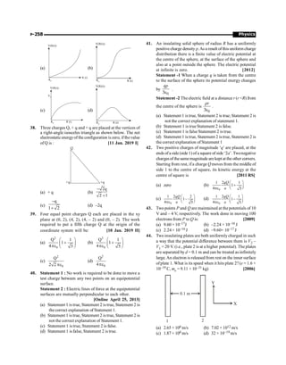 Physics
P-258
(a)
V(R(t))
Ro
R (t)
(b)
V(R(t))
Ro R (t)
(c)
V(R(t))
Ro R (t)
Vo
(d)
V(R(t))
Ro R (t)
38. Three charges Q, + q and + q are placed at the vertices of
a right-angle isosceles triangle as shown below. The net
electrostaticenergyof the configuration iszero, if thevalue
of Q is : [11 Jan. 2019 I]
Q
+q +q
(a) + q (b)
2q
2 1
-
+
(c)
q
1 2
-
+
(d) –2q
39. Four equal point charges Q each are placed in the xy
plane at (0, 2), (4, 2), (4, – 2) and (0, – 2). The work
required to put a fifth charge Q at the origin of the
coordinate system will be: [10 Jan. 2019 II]
(a)
2
0
Q 1
1
4 3
æ ö
+
ç ÷
pe è ø
(b)
2
0
Q 1
1
4 5
æ ö
+
ç ÷
pe è ø
(c)
2
0
Q
2 2 pe
(d)
2
0
Q
4pe
40. Statement 1 : No work is required to be done to move a
test charge between any two points on an equipotential
surface.
Statement 2 : Electric lines of force at the equipotential
surfaces are mutually perpendicular to each other.
[Online April 25, 2013]
(a) Statement 1 is true, Statement 2 is true, Statement 2 is
the correct explanation of Statement 1.
(b) Statement 1 is true, Statement 2 is true, Statement 2 is
not the correct explanation of Statement 1.
(c) Statement 1 is true, Statement 2 is false.
(d) Statement 1 is false, Statement 2 is true.
41. An insulating solid sphere of radius R has a uniformly
positivecharge densityr.As a result ofthis uniform charge
distribution there is a finite value of electric potential at
the centre of the sphere, at the surface of the sphere and
also at a point outside the sphere. The electric potential
at infinite is zero. [2012]
Statement -1 When a charge q is taken from the centre
to the surface of the sphere its potential energy changes
by
0
3
qr
e
.
Statement -2 The electric field at a distance r (r R) from
the centre of the sphere is
0
3
r
r
e
.
(a) Statement 1 is true, Statement 2 is true; Statement 2 is
not the correct explanation of statement 1.
(b) Statement 1 is trueStatement 2 is false.
(c) Statement 1 is false Statement 2 is true.
(d) Statement 1 is true, Statement 2 is true, Statement 2 is
the correct explanation ofStatement 1
42. Two positive charges of magnitude ‘q’ are placed, at the
ends ofa side (side 1)of a square of side ‘2a’. Twonegative
chargesof thesamemagnitude are kept at the other corners.
Starting from rest, ifa charge Qmoves from the middle of
side 1 to the centre of square, its kinetic energy at the
centre of square is [2011 RS]
(a) zero (b)
0
1 2 1
1
4 5
qQ
a
æ ö
+
ç ÷
è ø
pe
(c)
0
1 2 2
1
4 5
qQ
a
æ ö
-
ç ÷
è ø
pe
(d)
0
1 2 1
1
4 5
qQ
a
æ ö
-
ç ÷
è ø
pe
43. Two points P and Q are maintained at the potentials of 10
V and – 4 V, respectively. The work done in moving 100
electrons from P to Q is: [2009]
(a) 9.60 × 10–17J (b) –2.24 × 10–16 J
(c) 2.24 × 10–16 J (d) –9.60× 10–17 J
44. Two insulating plates are both uniformlycharged in such
a way that the potential difference between them is V2 –
V1 = 20 V. (i.e., plate 2 is at a higher potential).The plates
are separated by d = 0.1 m and can be treated asinfinitely
large.An electron is releasedfrom rest on the inner surface
ofplate 1. What is its speed when it hits plate 2?(e = 1.6 ×
10–19 C, me = 9.11 × 10–31 kg) [2006]
1 2
0.1 m
Y
X
(a) 2.65 × 106 m/s (b) 7.02 × 1012 m/s
(c) 1.87 × 106 m/s (d) 32 × 10–19 m/s
 