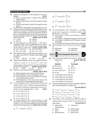 P-381
Electromagnetic Waves
36. During the propagation of electromagnetic waves in a
medium: [2014]
(a) Electric energy density is double of the magnetic
energy density.
(b) Electric energydensity is half ofthe magnetic energy
density.
(c) Electricenergydensityisequal tothe magneticenergy
density.
(d) Both electric and magnetic energydensities are zero.
37. A lamp emits monochromatic green light uniformlyin all
directions. The lamp is 3% efficient in convertingelectrical
power to electromagnetic waves and consumes 100 W of
power. The amplitude of the electric field associated with
theelectromagnetic radiation at a distance of5 m from the
lampwill benearly: [Online April 12, 2014]
(a) 1.34V/m (b) 2.68V/m
(c) 4.02V/m (d) 5.36V/m
38. An electromagnetic wave of frequency 1 × 1014 hertz is
propagating along z-axis. The amplitude ofelectric field is
4 V/m. If e0 = 8.8 × 10–12 C2/N-m2, then average energy
densityofelectric field will be: [Online April 11, 2014]
(a) 35.2 × 10–10 J/m3 (b) 35.2 × 10–11 J/m3
(c) 35.2 × 10–12 J/m3 (d) 35.2 × 10–13 J/m3
39. The magnetic field in a travelling electromagnetic wave
has a peak value of 20 nT. The peak value of electric field
strength is : [2013]
(a) 3V/m (b)6V/m (c) 9V/m (d) 12V/m
40. A plane electromagnetic wave in a non-magnetic dielectric
medium is given by 0
7
(4 10 50 )
E E x t
-
= ´ -
ur ur
with
distance being in meter and timein seconds. The dielectric
constant of the medium is : [Online April 22, 2013]
(a) 2.4 (b)5.8 (c) 8.2 (d) 4.8
41. Select the correct statement from the following :
[Online April 9, 2013]
(a) Electromagnetic waves cannot travel in vacuum.
(b) Electromagnetic waves are longitudinal waves.
(c) Electromagnetic waves are produced by charges
moving with uniform velocity.
(d) Electromagnetic waves carry both energy and
momentum as they propagate through space.
42. An electromagnetic wave in vacuum has the electric and
magnetic field
r
E and
r
B , which are always perpendicular
to each other. The direction of polarization is given by
r
X
and that of wave propagation by
r
k . Then [2012]
(a)
r
X |
|
r
B and
r
k |
| ´
r r
B E
(b)
r
X |
|
r
E and
r
k |
| ´
r r
E B
(c)
r
X |
|
r
B and
r
k |
| ´
r r
E B
(d)
r
X |
|
r
E and
r
k |
| ´
r r
B E
43. An electromagnetic wave with frequency w and
wavelength ltravels in the+ y direction. Its magnetic field
is along + x-axis. The vector equation for the associated
electric field (ofamplitude E0) is [Online May 19, 2012]
(a) 0
2
ˆ
cos
E E t y x
® p
æ ö
= - w +
ç ÷
è ø
l
(b) 0
2
ˆ
cos
E E t y x
® p
æ ö
= w -
ç ÷
è ø
l
(c) 0
2
ˆ
cos
E E t y z
® p
æ ö
= w -
ç ÷
è ø
l
(d) 0
2
ˆ
cos
E E t y z
® p
æ ö
= - w +
ç ÷
è ø
l
44. An electromagnetic wave of frequency 3.0 MHz
v =
passes from vacuum into a dielectric medium with
permittivity Î = 4.0. Then [2004]
(a) wave length is halved and frequency remains
unchanged
(b) wave length is doubled and frequency becomes half
(c) wave length is doubled and the frequency remains
unchanged
(d) wave length and frequency both remain unchanged.
45. Electromagnetic waves are transverse in nature is evident
by [2002]
(a) polarization (b) interference
(c) reflection (d) diffraction
TOPIC 2 ElectromagneticSpectrum
46. The correct match between the entries in column I and
column II are : [Sep. 05, 2020 (II)]
I II
Radiation Wavelength
(A) Microwave (i) 100m
(B) Gamma rays (ii) 10–15 m
(C) A.M. radio waves (iii) 10–10 m
(D) X-rays (iv) 10–3m
(a) (A)-(ii),(B)-(i), (C)-(iv),(D)-(iii)
(b) (A)-(i),(B)-(iii),(C)-(iv),(D)-(ii)
(c) (A)-(iii),(B)-(ii), (C)-(i),(D)-(iv)
(d) (A)-(iv),(B)-(ii),(C)-(i),(D)-(iii)
47. Chosse the correctoption relating wavelengthsof different
parts of electromagnetic wave spectrum :
[Sep. 04, 2020 (I)]
(a) visible micro waves radio waves rays
X -
l  l  l  l
(b) radio waves micro waves visible rays
x-
l  l  l  l
(c) rays micro waves radio waves visible
x-
l  l  l  l
(d) visible rays radio waves micro waves
x-
l  l  l  l
48. Given below in the left column are different modes of
communication using the kinds of waves given in the
right column. [10April 2019, I]
A. Optical Fibre P. Ultrasound
Communication
B. Radar Q. Infrared Light
C. Sonar R. Microwaves
D. Mobile Phones S. Radio Waves
 