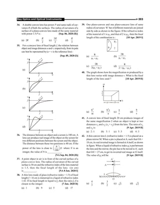 P-393
Ray Optics and Optical Instruments
34. A double convex lens has power P and same radii of cur-
vature R of both the surfaces. The radius of curvature of a
surface of a plano-convex lens made of the same material
with power 1.5 P is : [Sep. 06, 2020 (II)]
(a) 2R (b)
2
R
(c)
3
2
R
(d)
3
R
35. For a concave lens of focal length f, the relation between
object and imagedistances uandv, respectively, from itspole
can best be represented by(u = v is the reference line) :
[Sep. 05, 2020 (I)]
(a)
f
v
u
u
=
v
f
(b)
f
v
u
u
=
v
f
(c)
f
v
u
u
=
v
f
(d)
f
v
u
u
=
v
f
36. The distance between an object and a screen is 100 cm. A
lens can produce real image of the object on the screen for
two different positions between the screen and the object.
The distance between these two positions is 40 cm. If the
power of the lens is close to
100
N
D
æ ö
ç ÷
è ø
where N is an
integer, the value of N is ___________.
[NA Sep. 04, 2020 (II)]
37. A point object in air is in front of the curved surface of a
plano-convex lens. The radius of curvature of the curved
surface is 30 cm and the refractive index ofthe lens material
is 1.5, then the focal length of the lens (in cm)
is__________. [NA 8 Jan. 2020 I]
38. A thin lens made of glass (refractive index = 1.5) of focal
length f = 16 cm is immersed in a liquid of refractive index
1.42. If its focal length in liquid is fl ,then the ratio fl /f is
closest to the integer: [7 Jan. 2020 II]
(a) 1 (b) 9 (c) 5 (d) 17
39. One plano-convex and one plano-concave lens of same
radius ofcurvature ‘R’ but ofdifferent materials are joined
side by side as shown in the figure. If the refractive index
of the material of 1 is m1 and that of 2 is m2, then the focal
length of the combination is : [10 Apr. 2019 I]
(a)
1 2
R
m -m
(b)
1 2
2R
m -m
(c)
1 2
2R
2( )
m -m
(d)
1 2
R
2 ( )
- m -m
40. The graph shows how the magnification m produced bya
thin lens varies with image distance v. What is the focal
length of the lens used ? [10 Apr. 2019 II]
(a)
2
b
ac
(b)
2
b c
a
(c)
a
c
(d)
b
c
41. A convex lens of focal length 20 cm produces images of
the same magnification 2 when an object is kept at two
distances x1 and x2 (x1  x2) from the lens. The ratio of x1
and x2 is: [9 Apr. 2019 II]
(a) 2: 1 (b) 3: 1 (c) 5: 3 (d) 4: 3
42. A thin convex lens L (refractiveindex = 1.5) is placed on a
planemirror M. When a pin is placed atA, such that OA=
18 cm, its real inverted imageis formedatAitself, as shown
in figure. When a liquid ofrefractive index µi isput between
the lens and the mirror, the pin has to be moved toA’, such
that OA’= 27 cm, to get its inverted real image at A’itself.
The value of µi will be: [9 Apr. 2019 II]
(a)
4
3
(b)
3
2
(c) 3 (d) 2
 