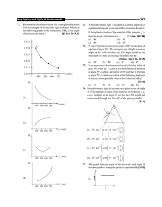 P-397
Ray Optics and Optical Instruments
72. The variation ofrefractiveindexof a crown glass thin prism
with wavelength of the incident light is shown. Which of
the following graphs is the correct one, if Dm is the angle
ofminimum deviation ? [11 Jan. 2019, I]
1.535
1.530
1.525
1.520
1.515
1.510 l (nm)
n2
400 500 600 700
(a)
l (nm)
Dm
400 500 600 700
(b)
l (nm)
Dm
400 500 600 700
(c)
l (nm)
400 500 600 700
Dm
(d)
l (nm)
400 500 600 700
Dm
73. A monochromatic light is incident at a certain angle on an
equilateral triangular prismandsuffers minimum deviation.
If the refractive index of the material of the prism is 3 ,
then the angle of incidence is : [11 Jan. 2019 II]
(a) 90° (b) 30°
(c) 60° (d) 45°
74. A rayof light is incident at an angle of 60° on one face of
a prism of angle 30°. The emergent rayof light makes an
angle of 30° with incident ray. The angle made by the
emergent ray with second face of prism will be:
[Online April 16, 2018]
(a) 30° (b) 90° (c) 0° (d) 45°
75. In an experiment for determination of refractive index of
glass of a prism byi – d, plot it was found thata rayincident
at angle 35°, suffers a deviation of40° and that it emerges
at angle 79°. In that case which of the following is closest
tothe maximum possible valueof the refractive index?
[2016]
(a) 1.7 (b) 1.8 (c) 1.5 (d) 1.6
76. Monochromatic light is incident on a glass prism of angle
A. If the refractive index of the material of the prism is µ,
a ray, incident at an angle q, on the face AB would get
transmitted through the face AC of the prism provided :
[2015]
B C
A
q
(a) 1 1 1
cos µsin A sin
µ
- -
é ù
æ æ ö
q  +
ê ú
ç ç ÷
ê ú
è ø
è
ë û
(b) 1 1 1
cos µsin A sin
µ
- -
é ù
æ æ ö
q  +
ê ú
ç ç ÷
ê ú
è ø
è
ë û
(c)
1 1 1
sin µsin A sin
µ
- -
é ù
æ æ ö
q  -
ê ú
ç ç ÷
ê ú
è ø
è
ë û
(d)
1 1 1
sin µsin A sin
µ
- -
é ù
æ æ ö
q  -
ê ú
ç ç ÷
ê ú
è ø
è
ë û
77. The graph between angle of deviation (d) and angle of
incidence (i) for a triangular prism is represented by[2013]
(a)
o
i
d
 