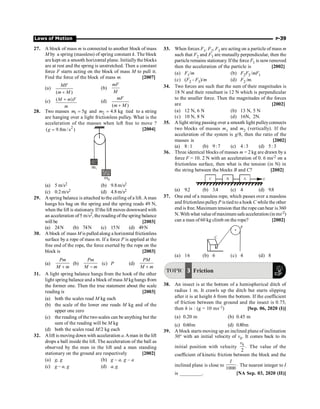 Laws of Motion P-39
27. A block of mass m is connected to another block of mass
M by a spring (massless) of spring constant k. The block
are kept on a smooth horizontal plane. Initiallythe blocks
are at rest and the spring is unstretched. Then a constant
force F starts acting on the block of mass M to pull it.
Find the force of the block of mass m. [2007]
(a)
( )
+
MF
m M
(b)
mF
M
(c) ( )
+
M m F
m
(d)
( )
+
mF
m M
28. Two masses 1 5g
=
m and 2 4.8 kg
=
m tied to a string
are hanging over a light frictionless pulley. What is the
acceleration of the masses when left free to move ?
2
( 9.8m /s )
=
g [2004]
(a) 5 m/s2 (b) 9.8m/s2
(c) 0.2m/s2 (d) 4.8m/s2
29. Aspring balance is attached to the ceiling of a lift. Aman
hangs his bag on the spring and the spring reads 49 N,
when the lift is stationary. If the lift moves downward with
an acceleration of5 m/s2, thereading of thespring balance
will be [2003]
(a) 24N (b) 74N (c) 15N (d) 49N
30. A block of mass M is pulled along a horizontal frictionless
surface by a rope of mass m. If a force P is applied at the
free end of the rope, the force exerted by the rope on the
block is [2003]
(a)
+
Pm
M m
(b)
-
Pm
M m
(c) P (d)
+
PM
M m
31. A light spring balance hangs from the hook of the other
light spring balance and a block of mass M kg hangs from
the former one. Then the true statement about the scale
reading is [2003]
(a) both the scales read M kg each
(b) the scale of the lower one reads M kg and of the
upper one zero
(c) the reading of the two scales can be anything but the
sum of the reading will be M kg
(d) both the scales read M/2 kg each
32. Alift is moving down with acceleration a.Aman in the lift
drops a ball inside the lift. The acceleration of the ball as
observed by the man in the lift and a man standing
stationary on the ground are respectively [2002]
(a) g, g (b) g – a, g – a
(c) g – a, g (d) a, g
33. When forces F1, F2, F3 are acting on a particle of mass m
such that F2 and F3 are mutually perpendicular, then the
particle remains stationary. Ifthe force F1 is nowremoved
then the acceleration of the particle is [2002]
(a) F1/m (b) F2F3 /mF1
(c) (F2 - F3)/m (d) F2 /m.
34. Two forces are such that the sum of their magnitudes is
18 N and their resultant is 12 N which is perpendicular
to the smaller force. Then the magnitudes of the forces
are [2002]
(a) 12 N, 6 N (b) 13 N, 5 N
(c) 10 N, 8 N (d) 16N, 2N.
35. A light string passing over a smooth light pulleyconnects
two blocks of masses m1 and m2 (vertically). If the
acceleration of the system is g/8, then the ratio of the
masses is [2002]
(a) 8: 1 (b) 9: 7 (c) 4: 3 (d) 5: 3
36. Three identical blocks of masses m = 2 kg are drawn by a
force F = 10. 2 N with an acceleration of 0. 6 ms-2 on a
frictionless surface, then what is the tension (in N) in
the string between the blocks B and C? [2002]
F
C B A
(a) 9.2 (b) 3.4 (c) 4 (d) 9.8
37. One end of a massless rope, which passes over a massless
and frictionless pulleyP is tied to a hook C while the other
end is free. Maximum tension that the rope can bear is 360
N. With what valueofmaximum safeacceleration (in ms-2)
can a man of 60 kg climb on the rope? [2002]
P
C
(a) 16 (b) 6 (c) 4 (d) 8
TOPIC 3 Friction
38. An insect is at the bottom of a hemispherical ditch of
radius 1 m. It crawls up the ditch but starts slipping
after it is at height h from the bottom. If the coefficient
of friction between the ground and the insect is 0.75,
then h is : (g = 10 ms–2) [Sep. 06, 2020 (I)]
(a) 0.20 m (b) 0.45 m
(c) 0.60m (d) 0.80m
39. A block starts moving up an inclined plane of inclination
30° with an initial velocity of v0. It comes back to its
initial position with velocity 0
.
2
v
The value of the
coefficient of kinetic friction between the block and the
inclined plane is close to .
1000
I
The nearest integer to I
is _________. [NA Sep. 03, 2020 (II)]
 