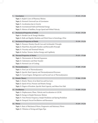 7. Gravitation

P-113 – P-130
Topic 1 : Kepler’s Laws of Planetary Motion
Topic 2 : Newton’s Universal Law of Gravitation
Topic 3 : Acceleration due to Gravity
Topic 4 : Gravitational Field and Potential Energy
Topic 5 : Motion of Satellites, Escape Speed and Orbital Velocity
8. Mechanical Properties of Solids

P-131 – P-138
Topic 1 : Hooke’s Law  Young’s Modulus
Topic 2 : Bulk and Rigidity Modulus and Work Done in Stretching a Wire
9. Mechanical Properties of Fluids

P-139 – P-154
Topic 1 : Pressure, Density, Pascal’s Law and Archimedes’ Principle
Topic 2 : Fluid Flow, Reynold’s Number and Bernoulli’s Principle
Topic 3 : Viscosity and Terminal Velocity
Topic 4 : Surface Tension, Surface Energy and Capillarity
10. Termal Properties of Matter

P-155 – P-168
Topic 1 : Termometer  Termal Expansion
Topic 2 : Calorimetry and Heat Transfer
Topic 3 : Newton’s Law of Cooling
11. Termodynamics

P-169 – P-185
Topic 1 : First Law of Termodynamics
Topic 2 : Specifc Heat Capacity and Termodynamical Processes
Topic 3 : Carnot Engine, Refrigerators and Second Law of Termodynamics
12. Kinetic Teory

P-186 – P-198
Topic 1 : Kinetic Teory of an Ideal Gas and Gas Laws
Topic 2 : Speed of Gas, Pressure and Kinetic Energy
Topic 3 : Degree of Freedom, Specifc Heat Capacity, and Mean Free Path
13. Oscillations

P-199 – P-218
Topic 1 : Displacement, Phase, Velocity and Acceleration in S.H.M.
Topic 2 : Energy in Simple Harmonic Motion
Topic 3 : Time Period, Frequency, Simple Pendulum and Spring Pendulum
Topic 4 : Damped, Forced Oscillations and Resonance
14. Waves

P-219 – P-234
Topic 1 : Basic of Mechanical Waves, Progressive and Stationary Waves
Topic 2 : Vibration of String and Organ Pipe
 