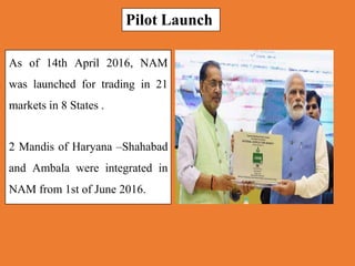 As of 14th April 2016, NAM
was launched for trading in 21
markets in 8 States .
2 Mandis of Haryana –Shahabad
and Ambala were integrated in
NAM from 1st of June 2016.
Pilot Launch
 