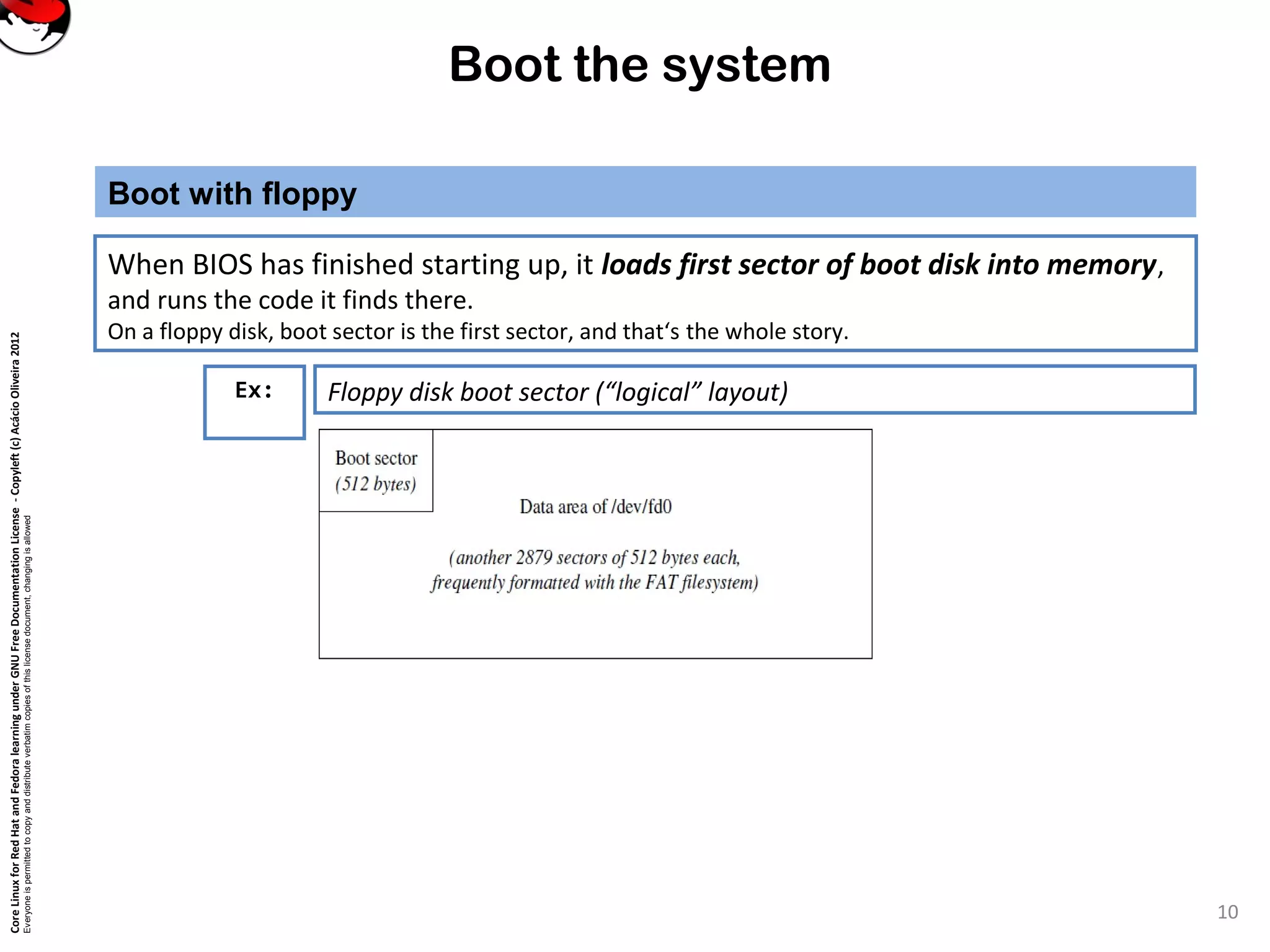 CoreLinuxforRedHatandFedoralearningunderGNUFreeDocumentationLicense-Copyleft(c)AcácioOliveira2012
Everyoneispermittedtocopyanddistributeverbatimcopiesofthislicensedocument,changingisallowed
Boot the system
When BIOS has finished starting up, it loads first sector of boot disk into memory,
and runs the code it finds there.
On a floppy disk, boot sector is the first sector, and that‘s the whole story.
Boot with floppy
10
Floppy disk boot sector (“logical” layout)Ex:
 