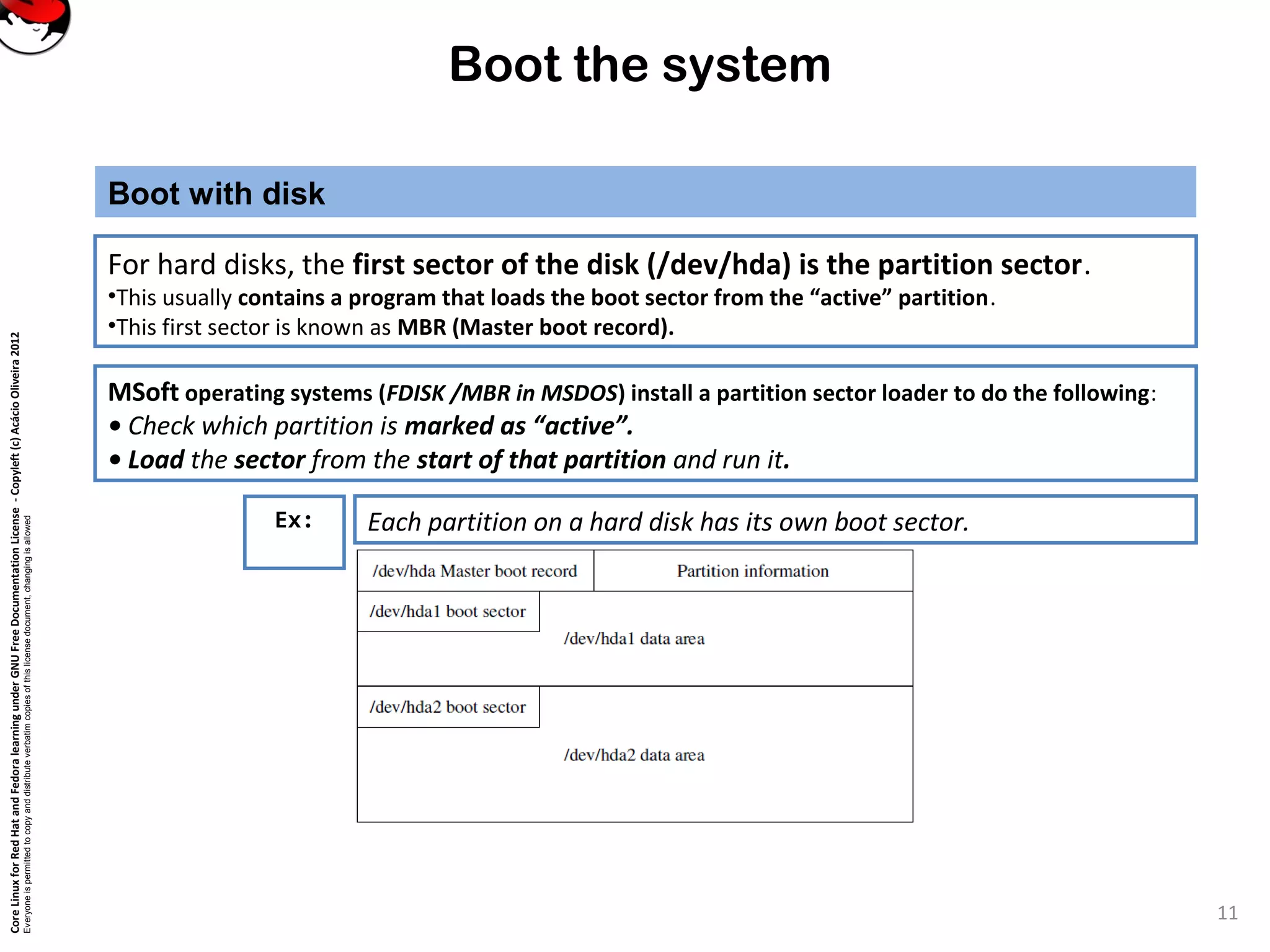 CoreLinuxforRedHatandFedoralearningunderGNUFreeDocumentationLicense-Copyleft(c)AcácioOliveira2012
Everyoneispermittedtocopyanddistributeverbatimcopiesofthislicensedocument,changingisallowed
Boot the system
For hard disks, the first sector of the disk (/dev/hda) is the partition sector.
•This usually contains a program that loads the boot sector from the “active” partition.
•This first sector is known as MBR (Master boot record).
Boot with disk
11
Each partition on a hard disk has its own boot sector.Ex:
MSoft operating systems (FDISK /MBR in MSDOS) install a partition sector loader to do the following:
• Check which partition is marked as “active”.
• Load the sector from the start of that partition and run it.
 