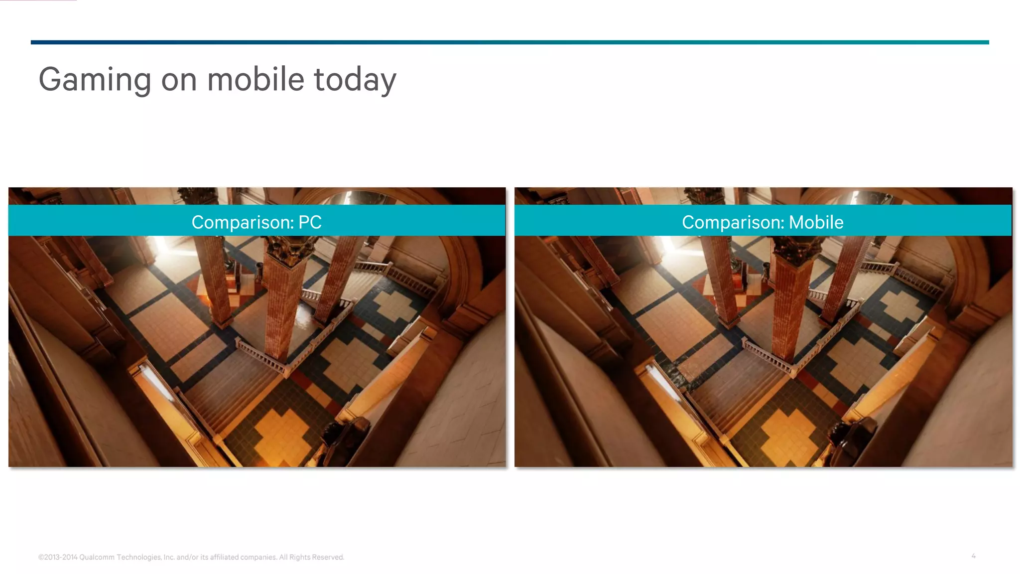 4©2013-2014 Qualcomm Technologies, Inc. and/or its affiliated companies. All Rights Reserved.
Gaming on mobile today
Comparison: PC Comparison: Mobile
 