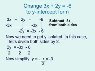 Change 3x + 2y = -6 to y-intercept form 3x  +  2y  =  -6  - 3x  -3x -2y  = -3x  - 6 Now we need to get y isolated. In this case, let’s divide both sides by 2. 2y   =  -3x   - 6  2  2  2  Now simplify. y = -  x -3 Subtract -3x  from both sides 