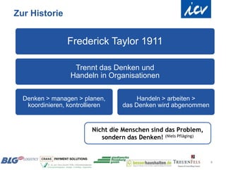 Zur Historie


                 Frederick Taylor 1911

                   Trennt das Denken und
                  Handeln in Organisationen


  Denken > managen > planen,            Handeln > arbeiten >
   koordinieren, kontrollieren     das Denken wird abgenommen


                         Nicht die Menschen sind das Problem,
                            sondern das Denken! (Niels Pfläging)


                                                                   4
 