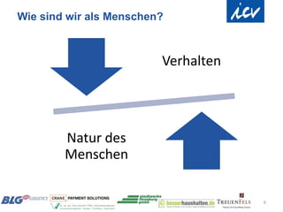 Wie sind wir als Menschen?



                         Verhalten




        Natur des
        Menschen


                                     6
 