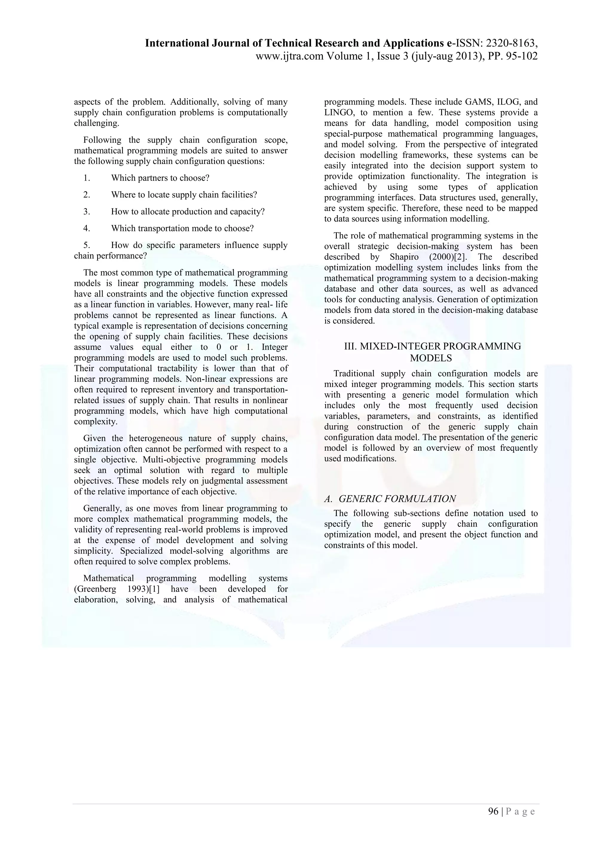 IMPROVEMENT OF SUPPLY CHAIN MANAGEMENT BY MATHEMATICAL PROGRAMMING ...