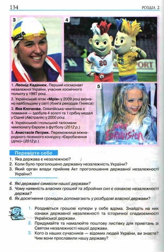 134 РОЗДІЛ 2
1. Леонід Каденюк. Перший космонавт
незалежної України, учасник космічного
польоту у 1997 році.
2. Український літак «Мрія» у 2009 році визна­
но найбільшим у світі (Книга рекордів Гіннеса)
3. Яна Клочкова. Олімпійська чемпіонка з
плавання — здобула 4 золоті та 1срібну медалі
у Сіднеї (Австралія) у 2000 році.
4. Український і польський талісмани
чемпіонату Європи з футболу (2012р.)
5. Анастасія Петрик. Переможниця міжна­
родного пісенного конкурсу «Євробачення
(діти)» (2012р.)
Перевірте себе
1. Яка держава є незалежною? /
2. Коли було проголошено державну незалежність України?
3. Який орган влади прийняв Акт проголошення державної незалежності
України?
4. Які державні символи наш оїдержави?
5. Чому наявність власних грошей та збройних сил є ознакою незалежності
держав?
6. Як досягнення громадян допомагають у розбудові власноїдержави?
1. Роздивіться грошові купюри у себе вдома. Знайдіть на них
ознаки державної незалежності та історичної спадкоємності
Української держави.
2. Придумайте та намалюйте поштову листівку для привітань зі
Святом незалежності нашої держави.
3. Кого із наших сучасників — відомих людей України, ви знаєте?
Чим вони прославили нашу державу?
 