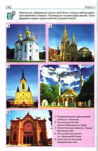 142 РОЗДІЛ з
Розгляньте зображення різних релігійних споруд найпоширені­
ших віровчень в Україні. Підтвердьте на прикладах вислів: «Спо­
руджують храми і доми молитви у різний спосіб».
1. Катерининський православний
собор у м. Чернігові
2. Католицький костел
Святого Миколая в м. Києві
3. Протестантська кірха в м. Луцьку
Волинськоїобл.
4. Мусульманська мечеть
у м. Євпаторії АР Крим
5. Синагога в м. Ужгороді
Закарпатської обл.
 