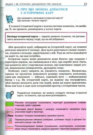 ЗВІДКИ І ЯК ІСТОРИКИ ДІЗНАЮТЬСЯ ПРО МИНУЛЕ 23
3. ПРО ЩО МОЖНА ДІЗНАТИСЯ
З ІСТОРИЧНИХ КАРТ
Що називають легендою історичної карти?
Що означає «читати» карту?
У кожної історичної карти є власна система позначок, чи леген­
да. Її, як правило, розміщують у кутку карти.
Легенда історичної карти — перелік умовних позначок, які допом а­
гають визначити період і події, що на ній зображені.
Аби зрозуміти події, зображені на історичній карті, ви повинні
ретельно вивчити її легенду. Для цього розгляньте умовні познач­
ки, підписи і кольори, представлені у ній. Тоді ви легко віднайдете
на карті те, що вам потрібно.
Історична карта може розповісти дуже багато: про кордони і
територію держав, що змінювалися в часі, про перебіг воєн і битв,
про розвиток міст і торговельні шляхи, про повстання і мирні уго­
ди, виникнення університетів, друкарень тощо.
Особливу увагу зверніть на умовність позначок. Наприклад,
крапка чи кружечок невеликого розміру означають поселення,
один-два вершники — військо, схрещені мечі — найважливіші
битви і т.д. На історичній карті, на відміну від географічної,
обов’язково вказують дати тих подій, яким ця карта присвячена.
Вона пов’язує в одне ціле історичний простір з історичним часом.
Роздивіться позначки, які можуть складати легенду історичної
карти, та поясніть, про що вони розповідають.
Різними кольорами позначають території розселення племен
і народів, країн і держав.
Стрілками різної форми і кольору позначають напрямок руху
учасників подій у просторі.
о Рівне Колами і точками позначають населені пункти.
^ Перехрещеними мечами (списами, штиками тощо) з датами по­
значають місця і час битв.
Різнокольоровими лініями (суцільними, пунктирними, штрихова­
ними тощо) позначають кордони держав і території всередині них.
 