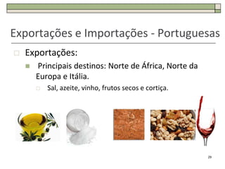Exportações e Importações - Portuguesas
   Exportações:
       Principais destinos: Norte de África, Norte da
        Europa e Itália.
           Sal, azeite, vinho, frutos secos e cortiça.




                                                          29
 