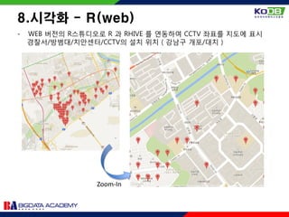 - WEB 버전의 R스튜디오로 R 과 RHIVE 를 연동하여 CCTV 좌표를 지도에 표시
경찰서/방범대/치안센터/CCTV의 설치 위치 ( 강남구 개포/대치 )
8.시각화 - R(web)
Zoom-In
 