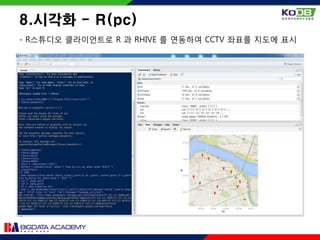 - R스튜디오 클라이언트로 R 과 RHIVE 를 연동하여 CCTV 좌표를 지도에 표시
8.시각화 - R(pc)
 