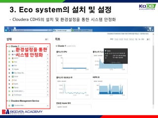 - Cloudera CDH5의 설치 및 환경설정을 통한 시스템 안정화
3. Eco system의 설치 및 설정
환경설정을 통한
시스템 안정화
 