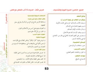 53
‫الناس‬ ‫مع‬ ‫التعامل‬ ‫أدب‬ )5(‫الحجرات‬ :‫الثالث‬ ‫الدرس‬ ‫والشخصيات‬ ‫النبوية‬ ‫السيرة‬ /‫الخامس‬ :‫المحور‬
‫التعلم‬ ‫نواتج‬
:‫أن‬ ‫الدرس‬ ‫نهاية‬ ‫يف‬ ‫الطالب‬ ‫من‬ ‫يتوقع‬
.‫الكرمية‬ ‫أيات‬‫ل‬‫ا‬ ‫يف‬ ‫الواردة‬ ‫إ�سالمية‬‫ل‬‫ا‬ ‫آداب‬‫ل‬‫ا‬ ‫يحدد‬ q
.‫إ�سالم‬‫ل‬‫ا‬ ‫يف‬ ‫التعارف‬ ‫مفهوم‬ ‫يبني‬ q
.‫ال�صادق‬ ‫إميان‬‫ل‬‫ا‬ ‫عالمات‬ ‫يذكر‬ q
.‫تعاىل‬ ‫اهلل‬ ‫نعم‬ ‫جتاه‬ ‫إن�سان‬‫ل‬‫ا‬ ‫موقف‬ ‫يبني‬ q
‫االنفتاح‬ ‫من‬ ‫إطار‬� ‫يف‬ ‫العاملي‬ ‫التعارف‬ ‫حتقيق‬ ‫على‬ ‫يحر�ص‬ q
.‫امل�ستنري‬ ‫واالنتقاء‬ ‫الواعي‬
:‫التعليمية‬ ‫الوسائل‬
.‫عمل‬ ‫أوراق‬� ،‫�شفافات‬ ،‫�صور‬
:‫التدربس‬ ‫أساليب‬
.‫التعاوين‬ ‫التعلم‬ ،‫واملناق�شة‬ ‫احلوار‬ q
:‫التفكري‬ ‫مهارات‬
.‫التوقع‬ ،‫اال�ستنتاج‬
:‫والوجدانية‬ ‫السلوكة‬ ‫االتجاهات‬
:‫وعززه‬ ‫يلي‬ ‫فيما‬ ‫الطالب‬ ‫ناقش‬
‫�سبيل‬ ‫يف‬ ‫والرجل‬ ‫أة‬�‫املر‬ ‫من‬ ‫كل‬ ‫إىل‬� ‫حتتاج‬ ‫أر�ض‬‫ل‬‫ا‬ ‫خالفة‬q
.‫حتقيقها‬
.‫واحلوار‬ ‫أخالق‬‫ل‬‫ا‬ ‫من‬ ‫أ�س�س‬� ‫على‬ ‫يقوم‬ ‫التعارف‬ q
.‫ذميم‬ ‫خلق‬ ‫ه‬َّ‫ن‬‫أ‬‫ل‬ ِّ‫املن‬ ‫من‬ ‫احلذر‬ q
:‫الدرس‬ ‫تنفيذ‬ ‫خطوات‬
:‫الحافزة‬ ‫التهيئة‬
‫عبد‬ ‫فكرة‬ ‫يف‬ ‫الطالب‬ ‫وناق�ش‬ ‫أفكر‬�‫و‬ ‫أ‬�‫أقر‬�  ‫فقرة‬ ‫اعر�ض‬ q
‫من‬ ‫امل�ستوى‬ ‫هذا‬ ‫�سيحققها‬ ‫التي‬ ‫والتوقعات‬ ‫الكواكبي‬ ‫الرحمن‬
.‫إ�سالمية‬‫ل‬‫ا‬ ‫ال�شعوب‬ ‫بني‬ ‫التعارف‬
:‫الدرس‬ ‫أفكار‬ ‫عرض‬
.‫الطلبة‬ ‫على‬ ‫لل�سورة‬ ‫ور�سما‬ ‫�صوتا‬ ‫جمودة‬ ‫تالوة‬ ‫اعر�ض‬ .1
.‫املجودة‬ ‫تالوتك‬ ‫الطالب‬ ‫أ�سمع‬� .2
.‫باملجيدين‬ ‫بدءا‬ ‫آيات‬‫ل‬‫ا‬ ‫بتالوة‬ ‫الطلبة‬ ‫بع�ض‬ ‫كلف‬ .3
‫يف‬ ‫اجلديدة‬ ‫باملفردات‬ ‫الطالب‬ ‫ناق�ش‬ :‫املفردات‬ ‫تف�سري‬ .4
2‫الحصص‬‫عدد‬
:‫والمهارات‬‫القيم‬
.‫تعاىل‬‫هلل‬‫الفضل‬‫إظهار‬،‫الجهاد‬،‫التقوى‬،‫التعارف‬
 