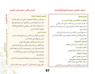 67
)‫األيوبي‬ ‫الدين‬ ‫(صالح‬ :‫الثامن‬ ‫الدرس‬ 			‫والشخصيات‬ ‫النبوية‬ ‫السيرة‬ /‫الخامس‬ :‫المحور‬
‫التعلم‬ ‫نواتج‬
:‫أن‬ ‫الدرس‬ ‫نهاية‬ ‫يف‬ ‫الطالب‬ ‫من‬ ‫يتوقع‬
.‫أيوبي‬‫ل‬‫ا‬ ‫الدين‬ ‫�صالح‬ ‫القائد‬ ‫�سرية‬ ‫من‬ ‫جوانب‬ ‫يتعرف‬ q
‫امل�سلمني‬ ‫مقد�سات‬ ‫ا�سرتجاع‬ ‫يف‬ ‫الدين‬ ‫�صالح‬ ‫القائد‬ ‫جهود‬ ‫يثمن‬ q
.‫عنها‬ ‫والذود‬
‫الدين‬ ‫�صالح‬ ‫�سرية‬ ‫درا�سة‬ ‫من‬ ‫والعرب‬ ‫الدرو�س‬ ‫ي�ستنتج‬ q
‫عن‬ ‫ودفاعه‬ ‫أخالقه‬� ‫ونبل‬ ‫وبطولته‬ ‫�شجاعته‬ ‫يف‬ ‫بالقائد‬ ‫يقتدي‬ q
.‫والدين‬ ‫احلق‬
:‫التعليمية‬ ‫الوسائل‬
.‫بطاقات‬ ،‫عمل‬ ‫أوراق‬� ،‫�شفافات‬ ،‫�صور‬
:‫التدربس‬ ‫أساليب‬
.‫التعاوين‬ ‫التعلم‬ ،‫واملناق�شة‬ ‫احلوار‬ q
:‫التفكري‬ ‫مهارات‬
.‫الذهني‬ ‫الع�صف‬ ،‫اال�ستنتاج‬
:‫تعزيزية‬ ‫ورثرادات‬ ‫أنشطة‬
.‫القائد‬ ‫�صفات‬ ‫يف‬ ‫الطالب‬ ‫ناق�ش‬ q
.‫الدين‬ ‫�صالح‬ ‫عن‬ ‫تلفزيوين‬ ‫مل�سل�سل‬ ‫فيديو‬ ‫�رشيط‬ ‫اعر�ض‬ q
:‫الحافزة‬ ‫والتهيئة‬ ‫التمهيد‬
‫ثم‬ ‫�سابقا‬ ‫درا�ستها‬ ‫مت‬ ‫التي‬ ‫ال�شخ�صيات‬ ‫مبناق�شة‬ ‫للدر�س‬ ‫مهد‬• 	
.‫عنها‬ ‫معلوماتهم‬ ‫حول‬ ‫وناق�شهم‬ ‫الدر�س‬ ‫�شخ�صية‬ ‫ا�سم‬ ‫اذكر‬
‫الطالب‬ ‫مع‬ ‫وناق�شها‬ ) ‫يعلمني‬ ‫الدر�س‬ ‫هذا‬ ( :‫فقرة‬ ‫اعر�ض‬ • 	
.‫الدر�س‬ ‫أهداف‬� ‫ليتعرفوا‬
:‫الدرس‬ ‫إجراءات‬
‫�صالح‬ ‫�صفات‬ ‫وا�ستنتاج‬ ‫الدر�س‬ ‫قراءة‬ ‫الطالب‬ ‫من‬ ‫اطلب‬• 	
.‫الدين‬ ‫خدمة‬ ‫يف‬ ‫إ�سهاماته‬�‫و‬ ،‫الدين‬
.‫واال�ستيعاب‬ ‫الفهم‬ ‫لتعزيز‬ ‫متنوعة‬ ‫أ�سئلة‬� ‫اطرح‬• 	
‫طرح‬ ‫جمموعة‬ ‫كل‬ ‫من‬ ‫واطلب‬ ‫جمموعات‬ ‫إىل‬� ‫الطالب‬ ‫ق�سم‬• 	
‫الن�شاط‬ ‫ونظم‬ ‫أخرى‬‫ل‬‫ا‬ ‫للمجموعات‬ ‫الدر�س‬ ‫حول‬ ‫أ�سئلة‬� ‫ثالثة‬
‫مرة‬ ‫أ�سئلة‬‫ل‬‫ا‬ ‫طرح‬ ‫يف‬ ‫املجموعات‬ ‫جميع‬ ‫ت�شارك‬ ‫بحيث‬
.‫مرة‬ ‫إجابة‬‫ل‬‫وا‬
‫أخرى‬‫ل‬‫ا‬ ‫املجموعات‬ ‫أمام‬� ‫إجاباتها‬� ‫لعر�ض‬ ‫جمموعة‬ ‫كل‬ ‫وجه‬• 	
. ‫وعززها‬
‫�صالح‬ ‫القائد‬ ‫�صفات‬ ‫أ�ستنتج‬� ( : ‫التايل‬ ‫الن�شاط‬ ‫إىل‬� ‫بهم‬ ‫انتقل‬• 	
2‫الحصص‬‫عدد‬
:‫والمهارات‬‫القيم‬
.‫اإلسالم‬‫خدمة‬‫على‬‫وحرصه‬‫أخالقه‬‫ونبل‬‫شجاعته‬‫يف‬‫الدين‬‫صالح‬‫بالقائد‬‫االقتداء‬
 