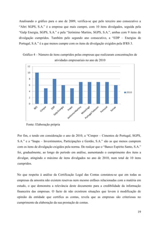 19
Analisando o gráfico para o ano de 2009, verifica-se que pelo terceiro ano consecutivo a
“Altri SGPS, S.A.” é a empresa que mais cumpre, com 10 itens divulgados, seguida pela
“Galp Energia, SGPS, S.A.” e pela “Jerónimo Martins, SGPS, S.A.”, ambas com 9 itens de
divulgação cumpridos. Também pelo segundo ano consecutivo, a “EDP – Energias de
Portugal, S.A.” é a que menos cumpre com os itens de divulgação exigidos pela IFRS 3.
Gráfico 4 – Número de itens cumpridos pelas empresas que realizaram concentrações de
atividades empresariais no ano de 2010
Fonte: Elaboração própria
Por fim, e tendo em consideração o ano de 2010, a “Cimpor – Cimentos de Portugal, SGPS,
S.A.” e a “Inapa – Investimentos, Participações e Gestão, S.A.” são as que menos cumprem
com os itens de divulgação exigidos pela norma. De realçar que o “Banco Espirito Santo, S.A.”
foi, gradualmente, ao longo do período em análise, aumentando o cumprimento dos itens a
divulgar, atingindo o máximo de itens divulgados no ano de 2010, num total de 10 itens
cumpridos.
No que respeita à análise da Certificação Legal das Contas constatou-se que em todas as
empresas da amostra não existem reservas nem mesmo enfâses relacionadas com a matéria em
estudo, o que demonstra a relevância deste documento para a credibilidade da informação
financeira das empresas. O facto de não existirem situações que levem à modificação de
opinião da entidade que certifica as contas, revela que as empresas são criteriosas no
cumprimento da elaboração da sua prestação de contas.
 