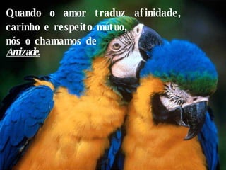 Quando o amor traduz afinidade, carinho e respeito mútuo,  nós o chamamos de  Amizade. 
