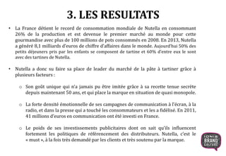 3. LES RESULTATS
• La France détient le record de consommation mondiale de Nutella en consommant
26% de la production et est devenue le premier marché au monde pour cette
gourmandise avec plus de 100 millions de pots consommés en 2008. En 2013, Nutella
a généré 8,1 milliards d’euros de chiffre d’affaires dans le monde. Aujourd’hui 50% des
petits déjeuners pris par les enfants se composent de tartine et 60% d’entre eux le sont
avec des tartines de Nutella.
• Nutella a donc su faire sa place de leader du marché de la pâte à tartiner grâce à
plusieurs facteurs :
o Son goût unique qui n’a jamais pu être imitée grâce à sa recette tenue secrète
depuis maintenant 50 ans, et qui place la marque en situation de quasi monopole.
o La forte densité émotionnelle de ses campagnes de communication à l’écran, à la
radio, et dans la presse qui a touché les consommateurs et les a fidélisé. En 2011,
41 millions d’euros en communication ont été investi en France.
o Le poids de ses investissements publicitaires dont on sait qu’ils influencent
fortement les politiques de référencement des distributeurs. Nutella, c’est le
« must », à la fois très demandé par les clients et très soutenu par la marque.
 