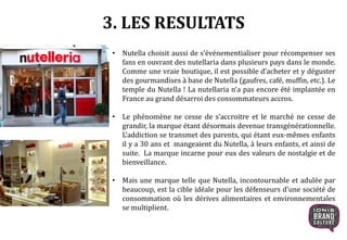 • Nutella choisit aussi de s’événementialiser pour récompenser ses
fans en ouvrant des nutellaria dans plusieurs pays dans le monde.
Comme une vraie boutique, il est possible d’acheter et y déguster
des gourmandises à base de Nutella (gaufres, café, muffin, etc.). Le
temple du Nutella ! La nutellaria n’a pas encore été implantée en
France au grand désarroi des consommateurs accros.
• Le phénomène ne cesse de s’accroitre et le marché ne cesse de
grandir, la marque étant désormais devenue transgénérationnelle.
L’addiction se transmet des parents, qui étant eux-mêmes enfants
il y a 30 ans et mangeaient du Nutella, à leurs enfants, et ainsi de
suite. La marque incarne pour eux des valeurs de nostalgie et de
bienveillance.
• Mais une marque telle que Nutella, incontournable et adulée par
beaucoup, est la cible idéale pour les défenseurs d’une société de
consommation où les dérives alimentaires et environnementales
se multiplient.
3. LES RESULTATS
 