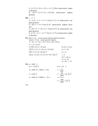 130
3) ( ) ( )20;22061042 −⇒=++=− тy не принадлежит графи-
ку функции.
4) ( ) ( )0;3061593 тy ⇒=+−= не принадлежит графику
функции.
550. 13
−= xy
1) ( ) ( )1;1Точка12111 −⇒≠−=−−=−y не принадлежит гра-
фику функции.
2) ( ) ( )0;1Точка0111 ⇒=−=y принадлежит графику функ-
ции.
3) ( ) ( )27;3Точка27261273 ⇒≠=−=y не принадлежит гра-
фику функции.
4) ( ) ( )7;2Точка79182 −≠−=−−=−y не принадлежит графи-
ку функции.
551. Пусть х см. – длина одной стороны прямоугольника;
тогда (х +3) см – длина другой стороны.
( ) ( ) см;64см.322))3((2 +=+⋅=++= xxxxP
( ) 2
см3+⋅= xxS
1) ( ) ( )см266205 =+=P 2) см.38)( =xP
( ) ( )см4,1464,861,241,2 =+=+⋅=P 3864 =+x
( ) ( ) ( )2
см403555 =+⋅=S 324 =x
( ) ( ) ( )2
см71,101,51,231,21,21,2 =⋅=+⋅=S 8=x
.см46)( =xP
4664 =+x
404 =x ; 10=x
552. m = 2600 ⋅ V
1) ( )3
м5,1=V 2) .ц2,5=m
ц39кг39005,12600 ==⋅=m ;
2600
m
V =
( )2
м10=V ( )3
м2,0
2600
520
==V
т.26кг26000102600 ==⋅=m .8,7 Tm =
( );м3
2600
7800 3
==V
 