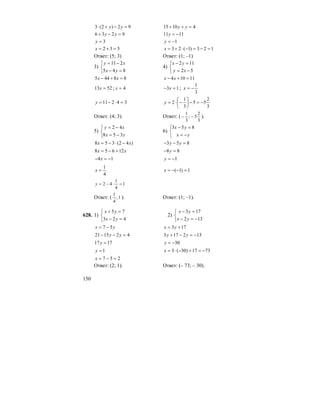 150
92)2(3 =−+⋅ yy 41015 =++ yy
9236 =−+ yy 1111 −=y
3=y 1−=y
532 =+=x 123)1(23 =−=−⋅+=x
Ответ: (5; 3) Ответ: (1; –1)
3)
⎩
⎨
⎧
=−
−=
845
211
yx
xy
4)
⎩
⎨
⎧
−=
=−
52
112
xy
yx
88445 =+− xx 11104 =+− xx
5213 =x ; 4=x 13 =− x ;
3
1
−=x
34211 =⋅−=y
3
2
55
3
1
2 −=−⎟
⎠
⎞
⎜
⎝
⎛
−⋅=y
Ответ: (4; 3). Ответ: (
3
2
5;
3
1
−− ).
5)
⎩
⎨
⎧
−=
−=
yx
xy
358
42
6)
⎩
⎨
⎧
−=
=−
yx
yx 853
)42(358 xx −⋅−= 853 =−− yy
xx 12658 +−= 88 =− y
14 −=− x 1−=y
4
1
=x 1)1( =−−=x
1
4
1
42 =⋅−=y
Ответ: ( 1;
4
1
). Ответ: (1; –1).
628. 1)
⎩
⎨
⎧
=−
=+
423
75
yx
yx
2)
⎩
⎨
⎧
−=−
=−
132
173
yx
yx
yx 57 −= 173 += yx
421521 =−− yy 132173 −=−+ yy
1717 =y 30−=y
1=y 7317)30(3 −=+−⋅=x
257 =−=x
Ответ: (2; 1). Ответ: (– 73; – 30).
 