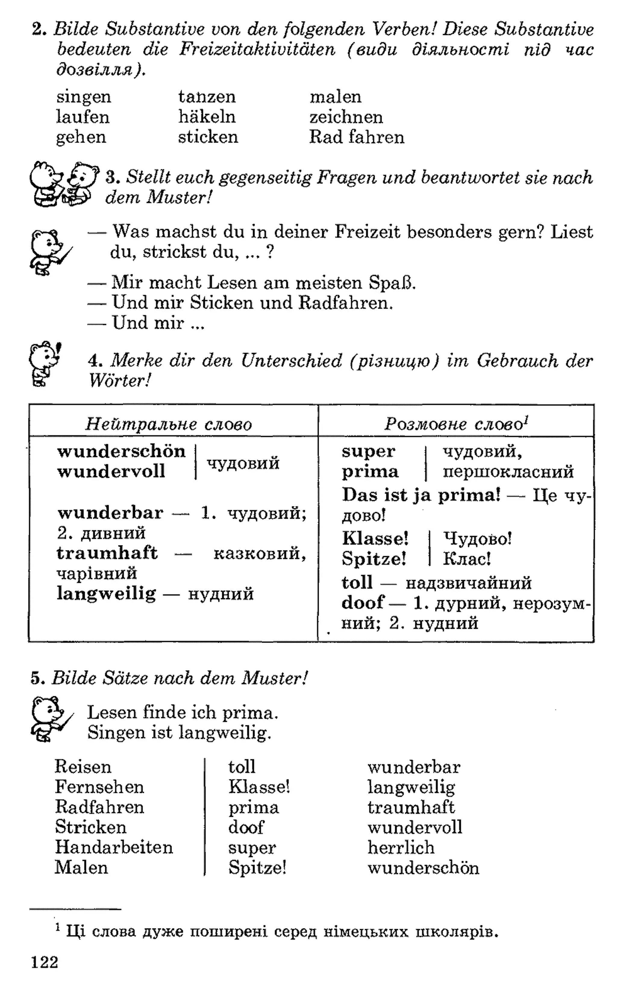 2 . Bilde Substantive von den folgenden Verben! Diese Substantive
bedeuten die Freizeitaktivitäten (види діяльності під час
дозвілля).
singen
laufen
gehen
tanzen malen
häkeln zeichnen
sticken Rad fahren
3. Stellt euch gegenseitig Fragen und beantwortet sie nach
dem Muster!
— Was machst du in deiner Freizeit besonders gern? Liest
du, strickst du, ... ?
— Mir macht Lesen am meisten Spaß.
— Und mir Sticken und Radfahren.
— Und mir ...
4. Merke dir den Unterschied (різницю) im Gebrauch der
Wörter!
Нейтральне слово Розмовне слово1
wunderschön
wundervoll чудовий
wunderbar — 1 . чудовий;
2 . дивний
traumhaft — казковий,
чарівний
langweilig — нудний
super
prima
Das ist )£
д о б о !
Klasse!
Spitze!
toll — на
doof— 1.
ний; 2 . н;
чудовий,
першокласний
і prima! — Це чу-
Чудово!
Клас!
дзвичайний
дурний, нерозум-
уцний
5. Bilde Sätze nach dem Muster!
Lesen finde ich prima.
Singen ist langweilig.
Reisen toll wunderbar
Fernsehen Klasse! langweilig
Radfahren prima traumhaft
Stricken doof wundervoll
Handarbeiten super herrlich
Malen Spitze! wunderschön
1 Ці слова дуже поширені серед німецьких школярів.
122
 