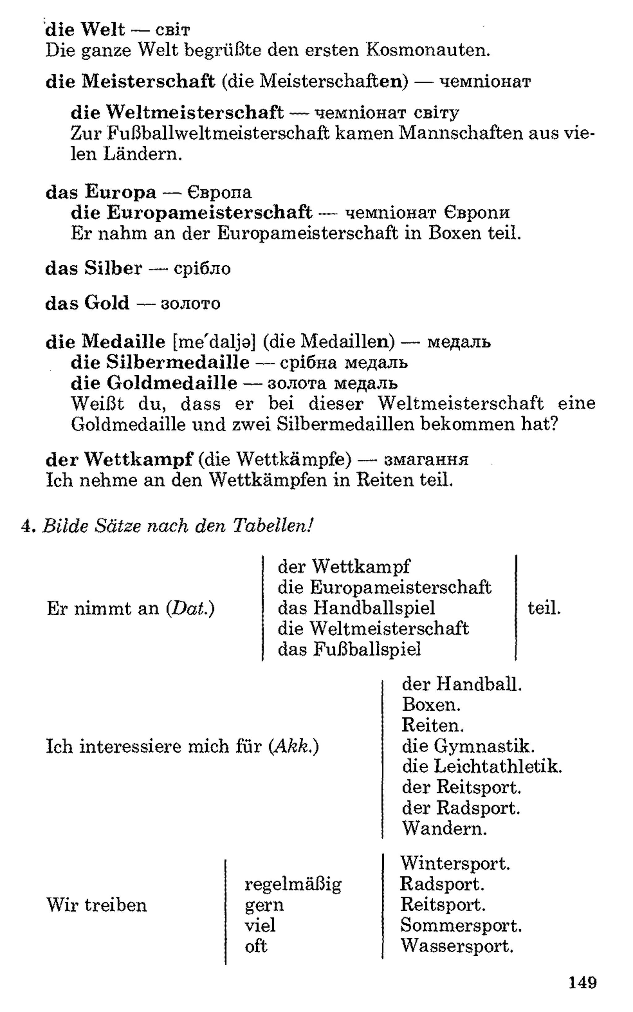 die Welt — світ
Die ganze Welt begrüßte den ersten Kosmonauten.
die Meisterschaft (die Meisterschaften) — чемпіонат
die Weltmeisterschaft — чемпіонат світу
Zur Fußballweltmeisterschaft kamen Mannschaften aus vie­
len Ländern.
das Europa — Європа
die Europameisterschaft — чемпіонат Європи
Er nahm an der Europameisterschaft in Boxen teil.
das Silber — срібло
das Gold — золото
die Medaille [me'daljo] (die Medaillen) — медаль
die Silbermedaille — срібна медаль
die Goldmedaille — золота медаль
Weißt du, dass er bei dieser Weltmeisterschaft eine
Goldmedaille und zwei Silbermedaillen bekommen hat?
der Wettkampf (die Wettkämpfe) — змагання
Ich nehme an den Wettkämpfen in Reiten teil.
4. Bilde Sätze nach den Tabellen!
der Wettkampf
die Europameisterschaft
Er nimmt an (Bat.) das Handballspiel teil.
die Weltmeisterschaft
das Fußballspiel
der Handball.
Boxen.
Ich interessiere mich für (Akk.)
Reiten.
die Gymnastik,
die Leichtathletik.
der Reitsport,
der Radsport.
Wandern.
regelmäßig
gern
viel
oft
Wintersport.
Radsport.
Wir treiben Reitsport.
Sommersport.
Wassersport.
149
 